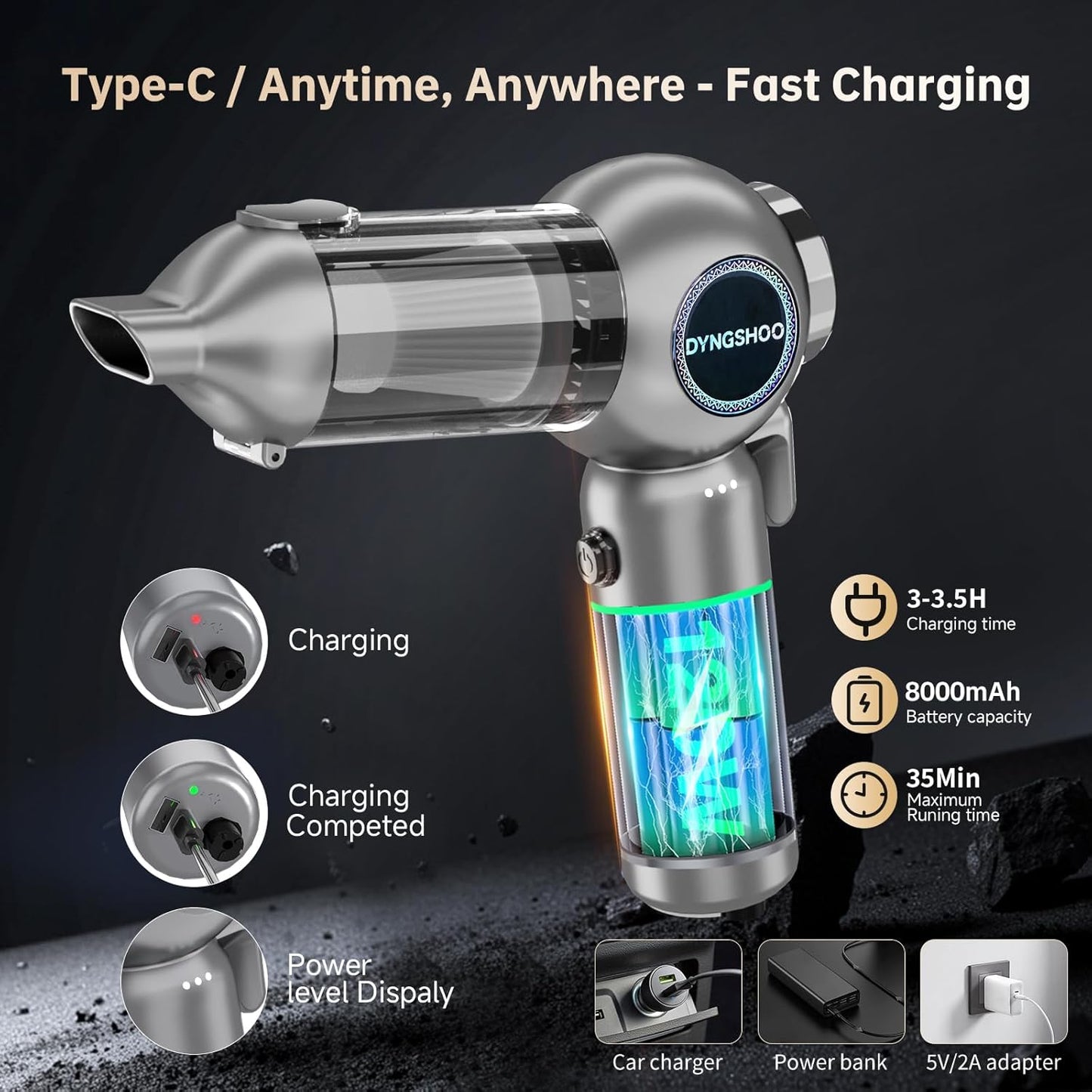Car Vacuum Portable Cordless 20000PA High Power Mini Vacuum Cleaner 4-in-1 Compressed Air Duster Air Blower Pump Hand Held Vacuum with Brushless Motor for Car (One-Touch Dust Release - Gray)