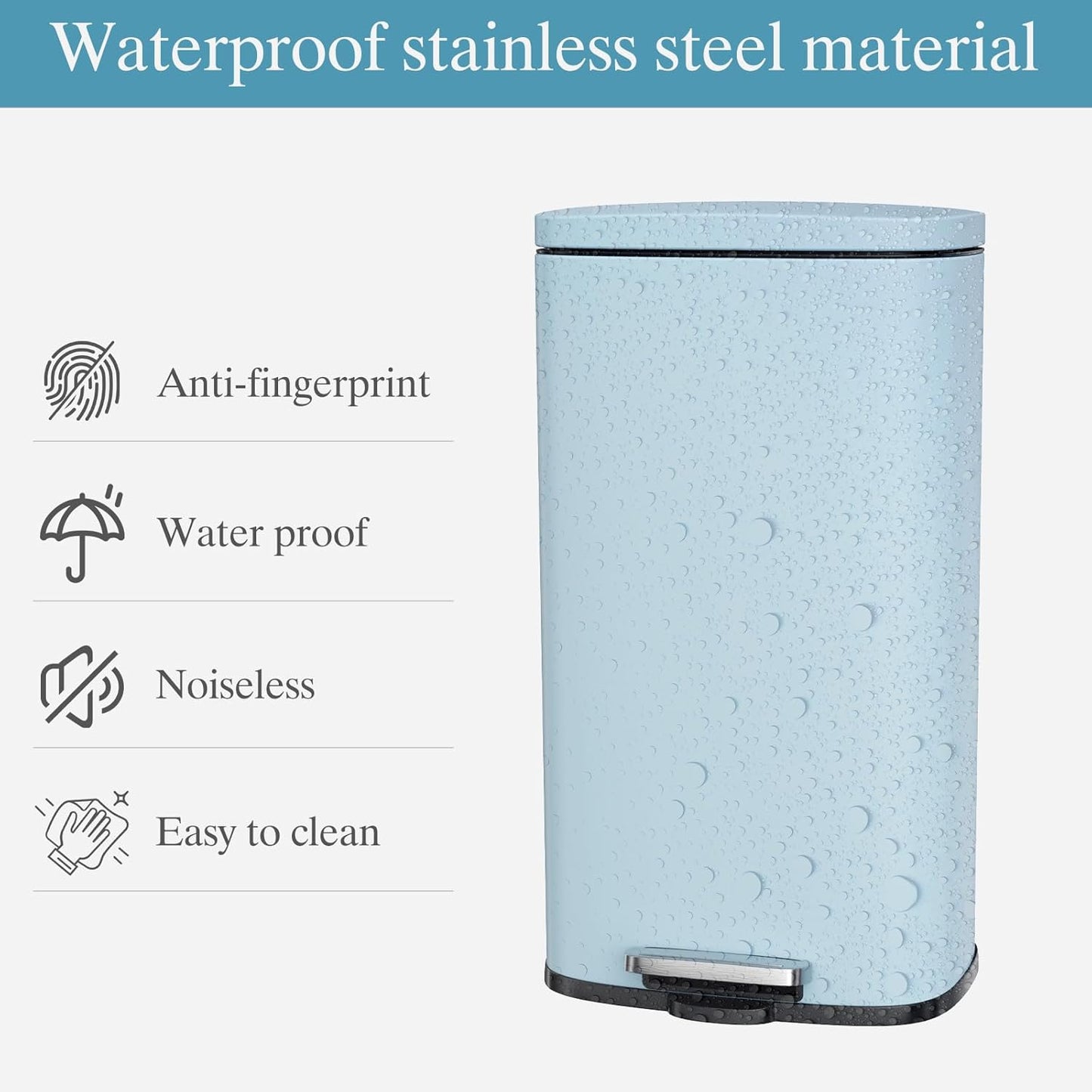 AthLike Trash Can, Stainless Steel Kitchen Garbage Can, Step Waste Bin with Hinged Lid and Removable Inner Bucket, Soft-Close, Dustbin for Bathroom Bedroom Living Room Home (Tide Pool Blue, 8 Gal)