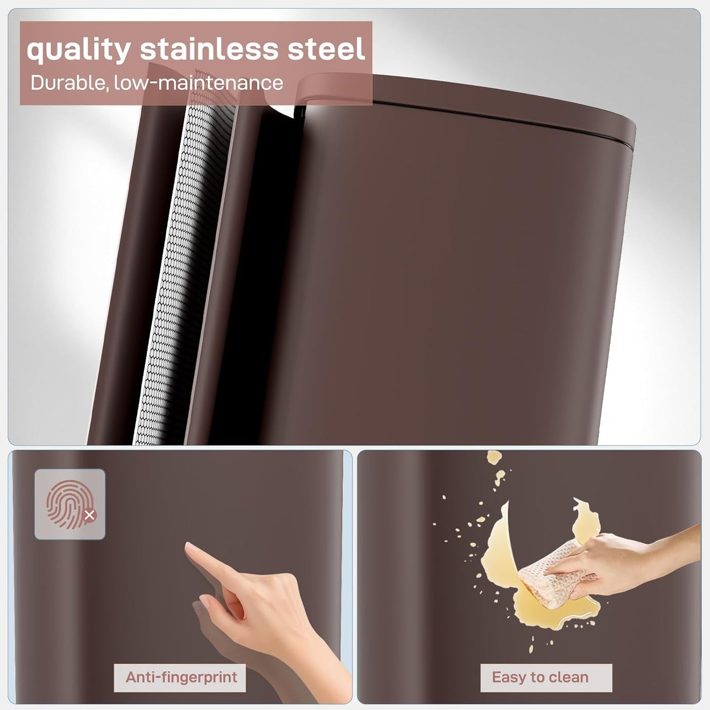 Arlopu 8 Gallon Step Trash Can, Stainless Steel Garbage Bin, Soft-Close Rubbish Bin with Removable Plastic Inner Bucket, Fingerprint-Proof, Lid Dustbin, Suit for Kitchen Home (Brown, 30L)