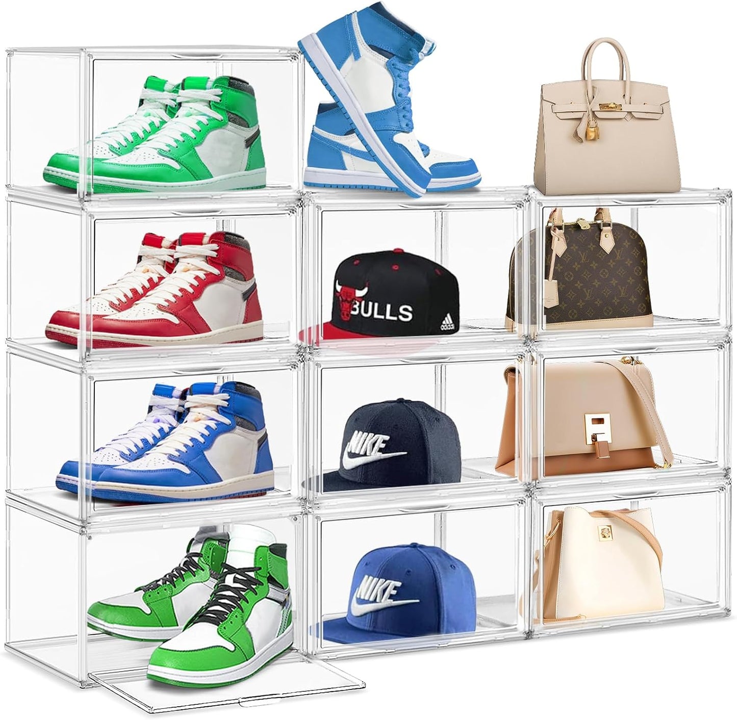 10 Pack Acrylic Shoe Storage Box Clear Plastic Stackable Acrylic Display Case with Magnetic Door Sneaker Storage for Sneakerheads Large Hat Shoe Boxes, Fit up to US Size 13