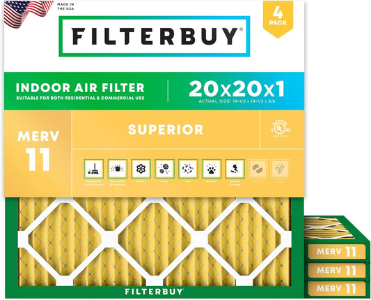Filterbuy 20x20x1 Air Filter MERV 11 (MPR 1200) Allergen Defense Replacement (4-Pack), Electrostatic Pleated HVAC AC Furnace Filters, Made in USA (Actual Size: 19.50 x 19.50 x 0.75)