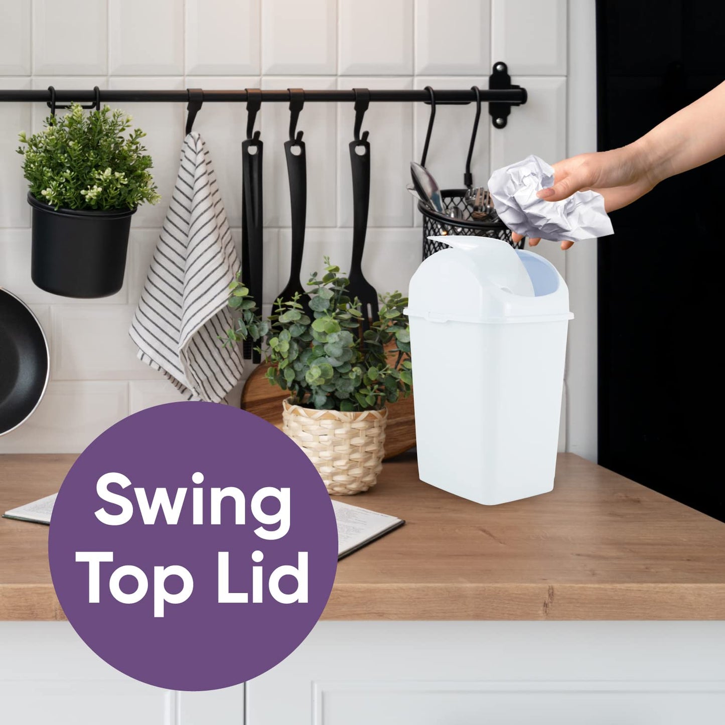 Superio Mini Desktop Trash Can with Swing Top Lid Portable Plastic Garbage Can for Countertop, Desktop, Make up Vanity, Bathroom, Car, Under Sink, Dorm, Compact Waste Bin 5 L 1.25 Gal (2, White)