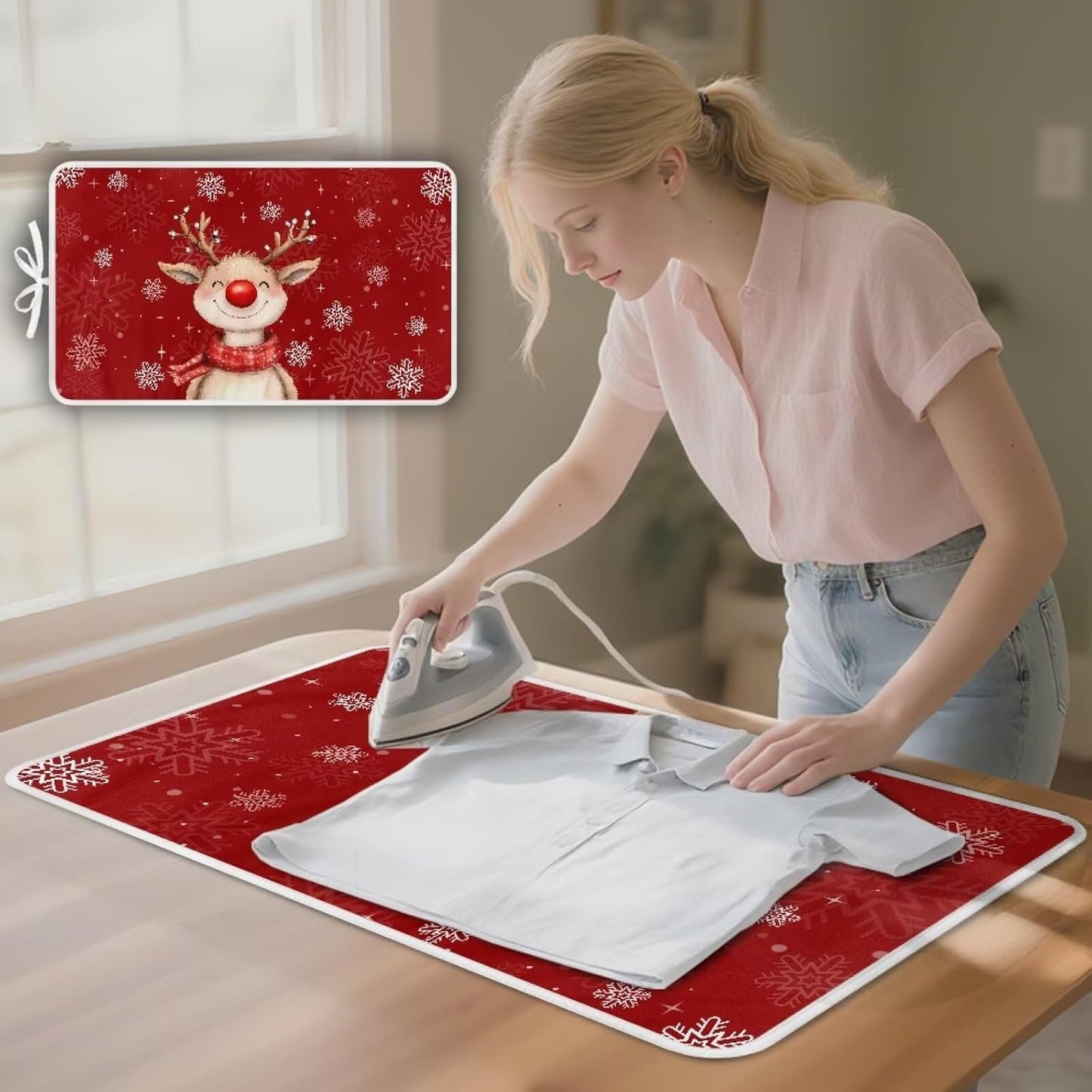 Red Ironing Pad Christmas Ironing Blanket Thick Travel Iron Pad Heat Resistant Ironing Board Cover for Table Top, Washer, Dryer,32 x 16 Inch Deer Ironing Mats