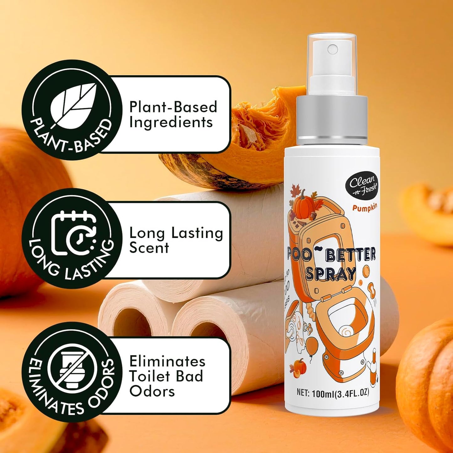 Clean-n-Fresh Toilet Spray 6.8 Fl.Oz, Pumpkin, Bathroom Air Fresheners Spray, Eliminates Bathroom Toilet Odor, for Home or Work, Pumpkin, Cinnamon & Vanilla Scent