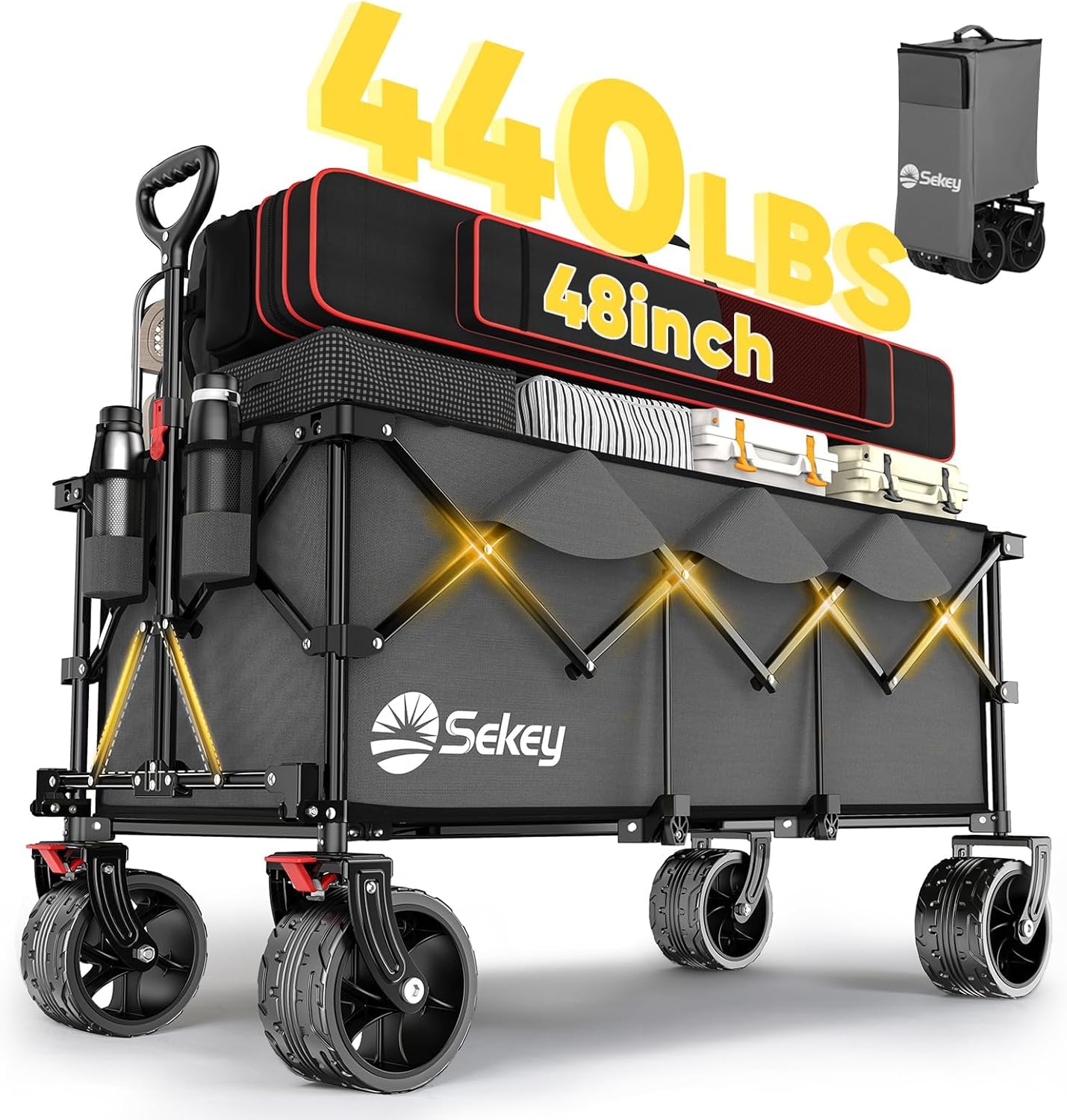 Sekey 48''L Collapsible Foldable Extended Wagon with 440lbs Weight Capacity, Heavy Duty 300L Folding Utility Garden Cart with Big All-Terrain Beach Wheels & Drink Holders. Grey