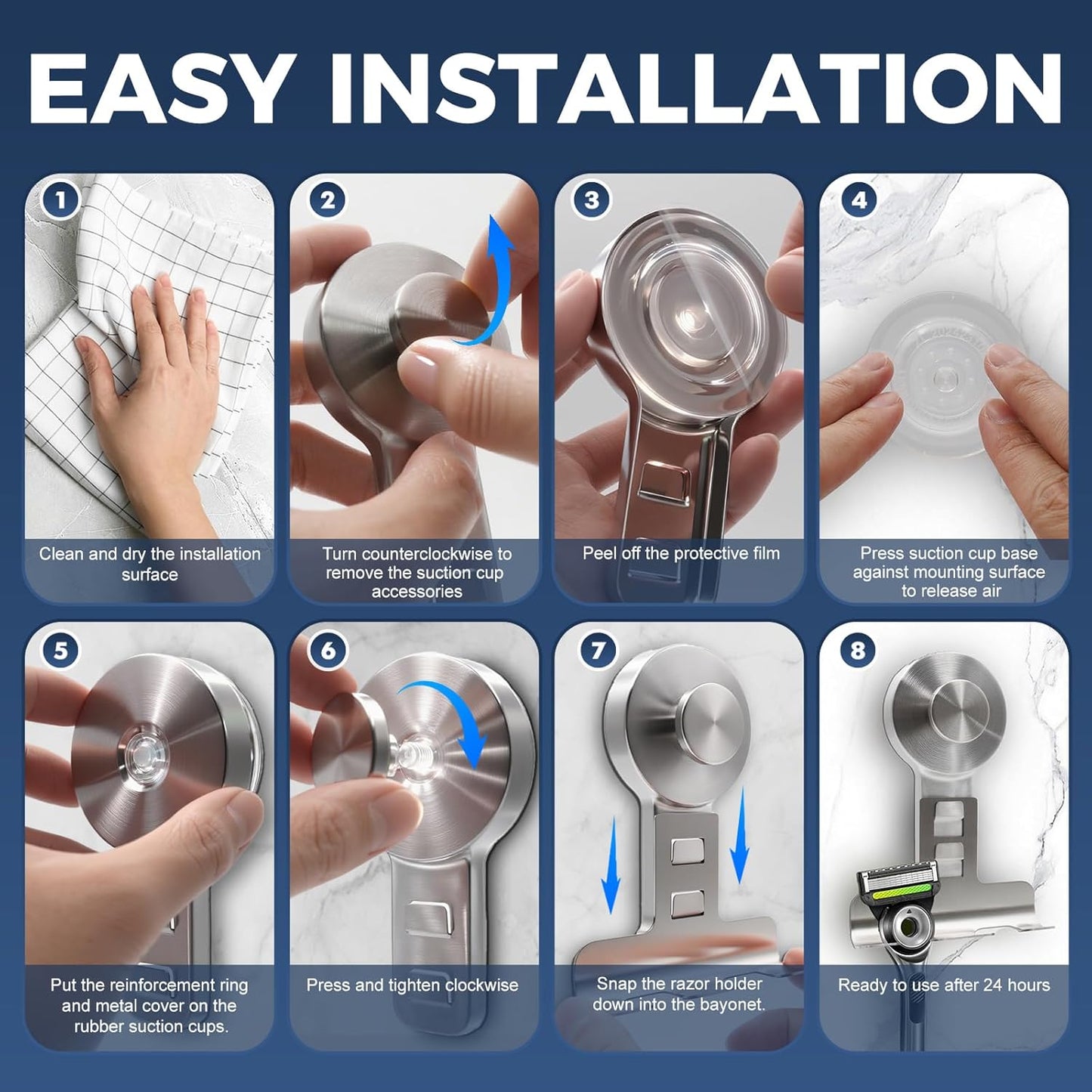 Suction Cup Razor Holder for Shower Wall 2 Pack,Heavy-Duty 15lbs Suction Hooks for Razor,Towel,Phone,Loofah, Removable Damage-Free Metal Shower Hook,Shaver Holder(Silver)