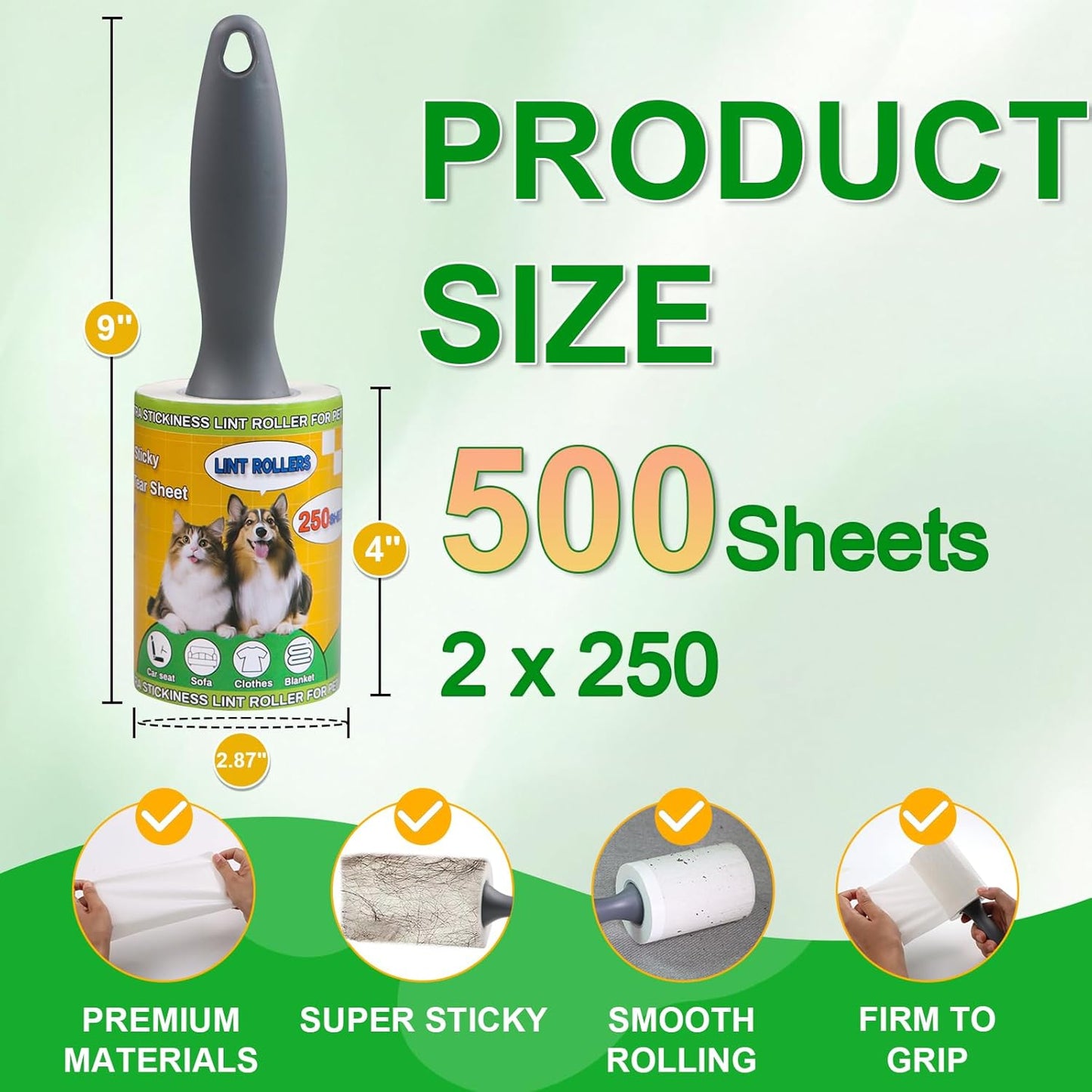 Lint Roller for Pet Hair 500 Sheets Extra Sticky Pet Hair Remover for Clothes Furniture Carpet Cleaner Cars Dogs Travel-Friendly Grip Handle White