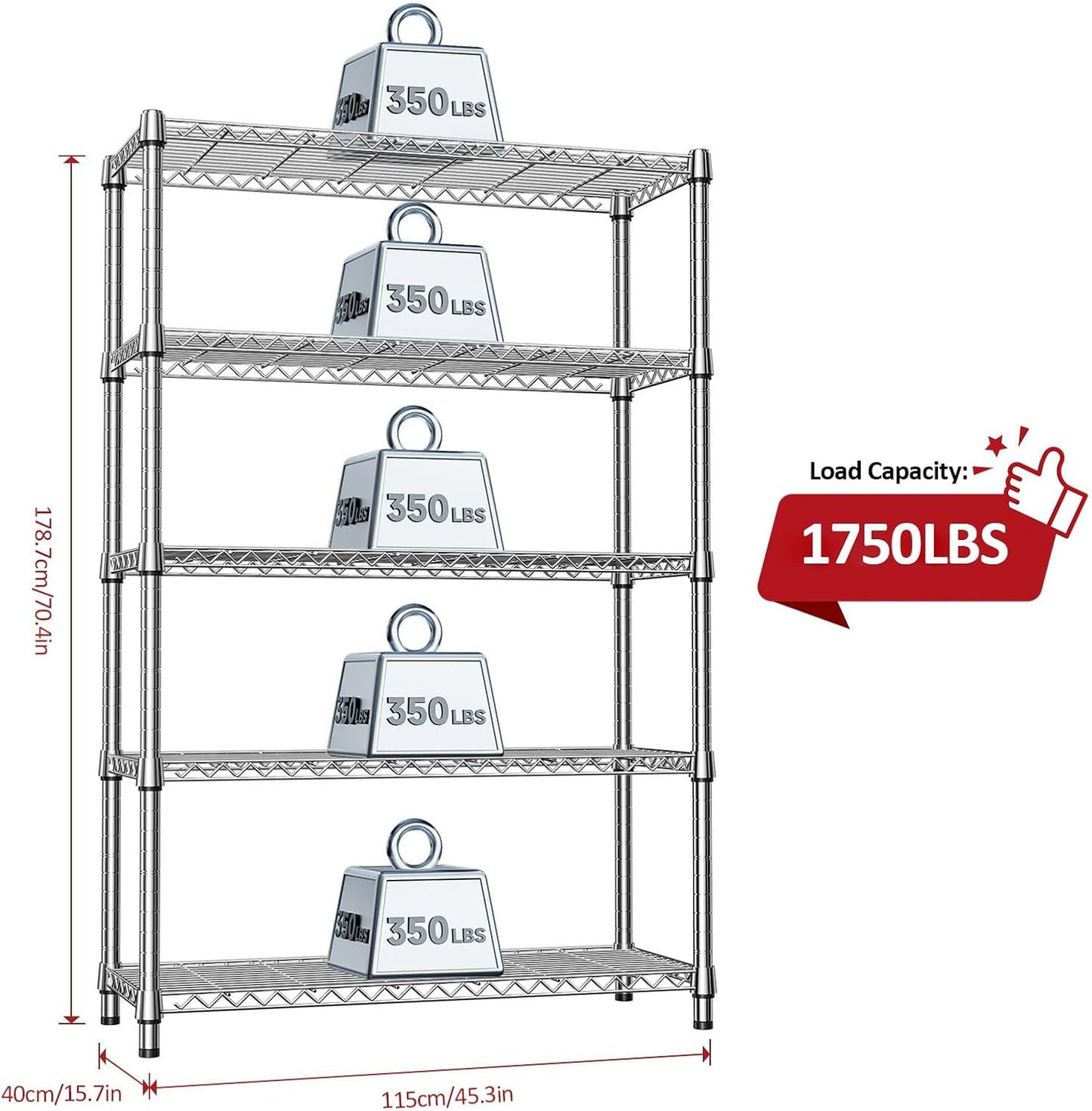 IZEUK 1750LBS Garage Shelving Wide Storage Shelves 5 Tier Metal Shelves Heavy Duty Adjustable Utility Shelf Rack (Chrome, 5 Tier, 15.7" D x 45.3" W x 70.9" H)
