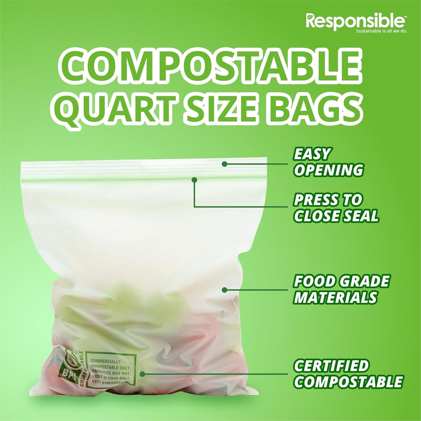 Responsible Products Certified Compostable QUART Resealable Zip Bag, Extra Strength Food Bags, Plant-Based Freezer-Safe (58 Pack)