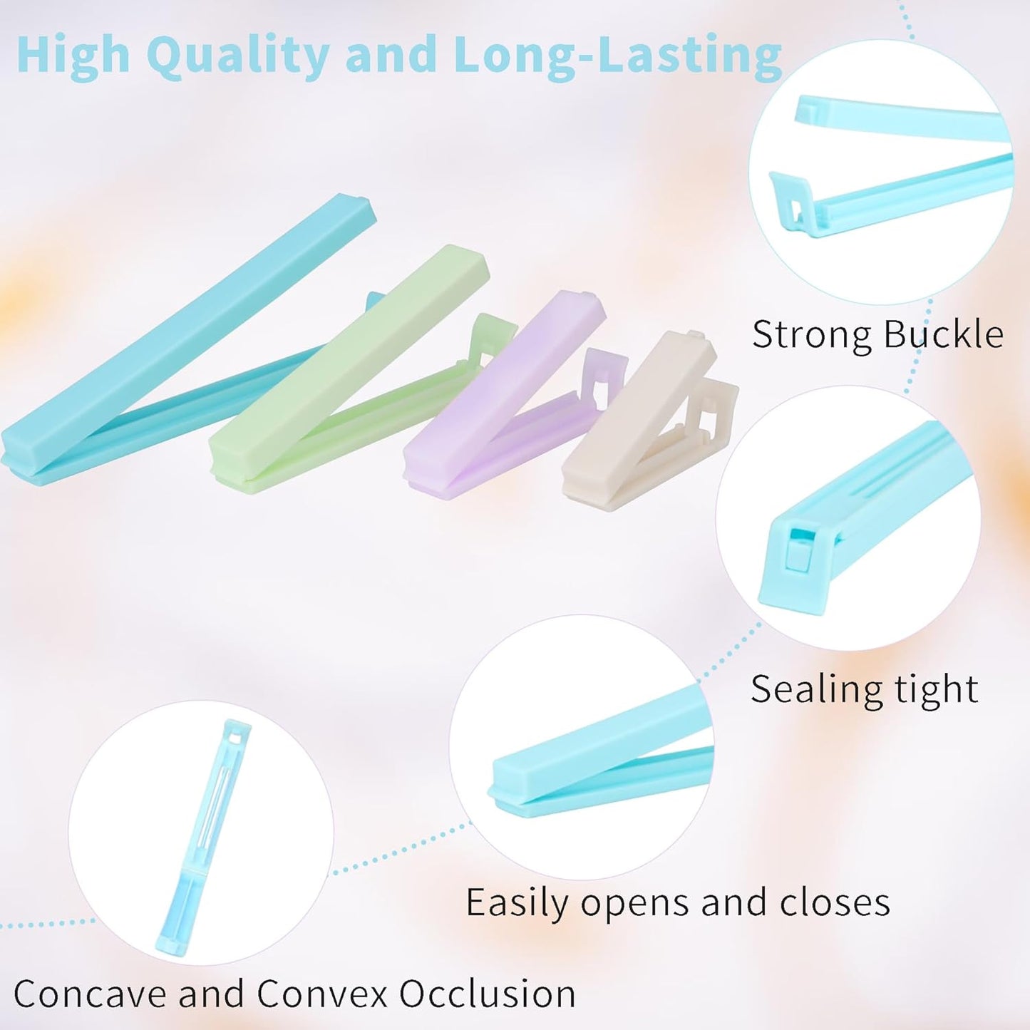 34 Packs Plastic Chip Clips for Food Storage - Resealable Sealing Clips in 4 Sizes (2.4"/3.2"/4.3"/5.5") - Light Colors