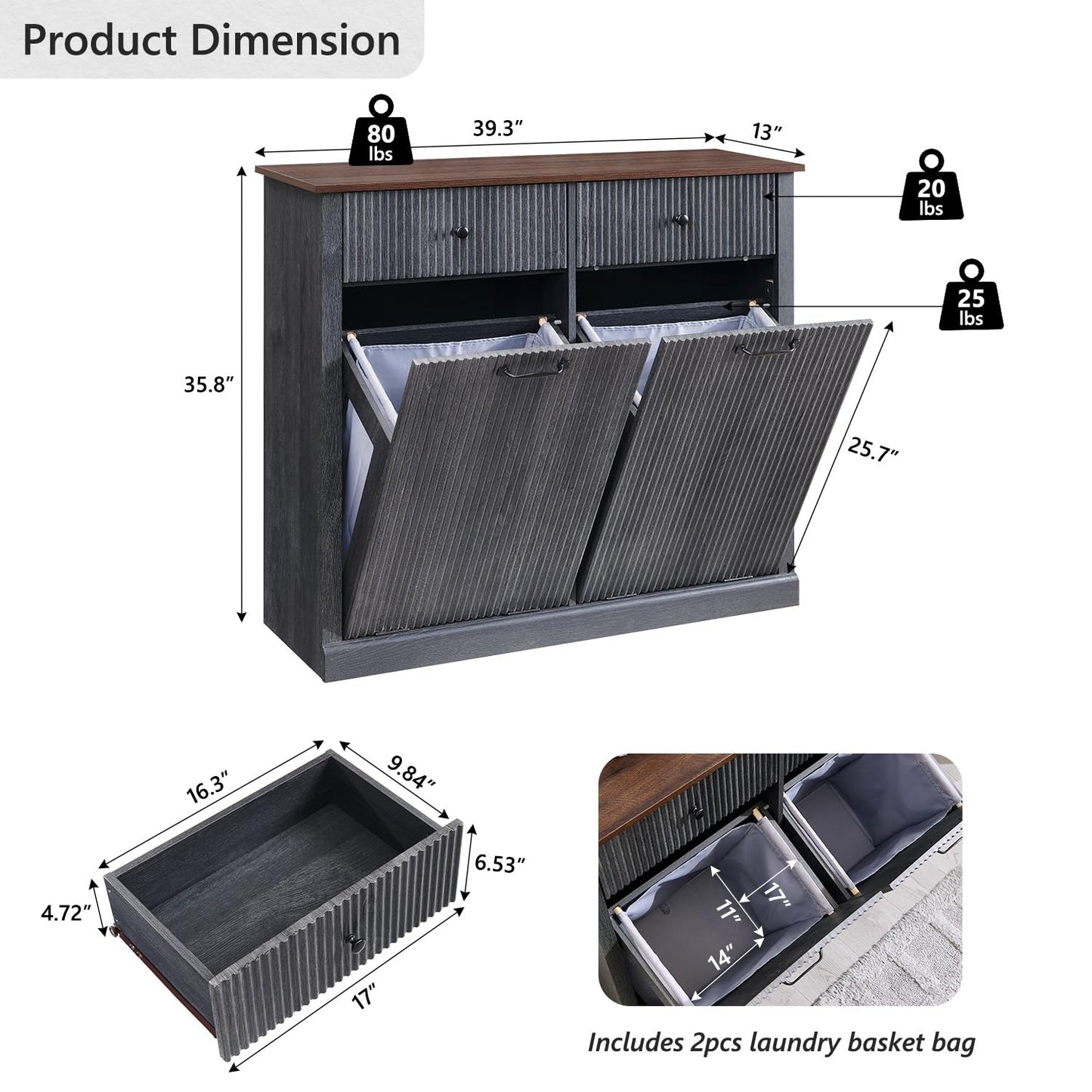 Modern Double Tilt-Out Trash Cabinet, 20 Gallon Fluted Laundry Hamper Cabinet with 2 Drawers, Wooden Hidden Garbage Can Cabinet with Storage Basket, Free Standing for Kitchen & Living Room, Grey
