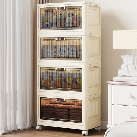 4 Tier - 48QT Storage Bins with Lids, Collapsible Storage Bins with Doors and Wheels, Plastic Storage Cabinet for Easy Storage and Organization for Living Room, Office