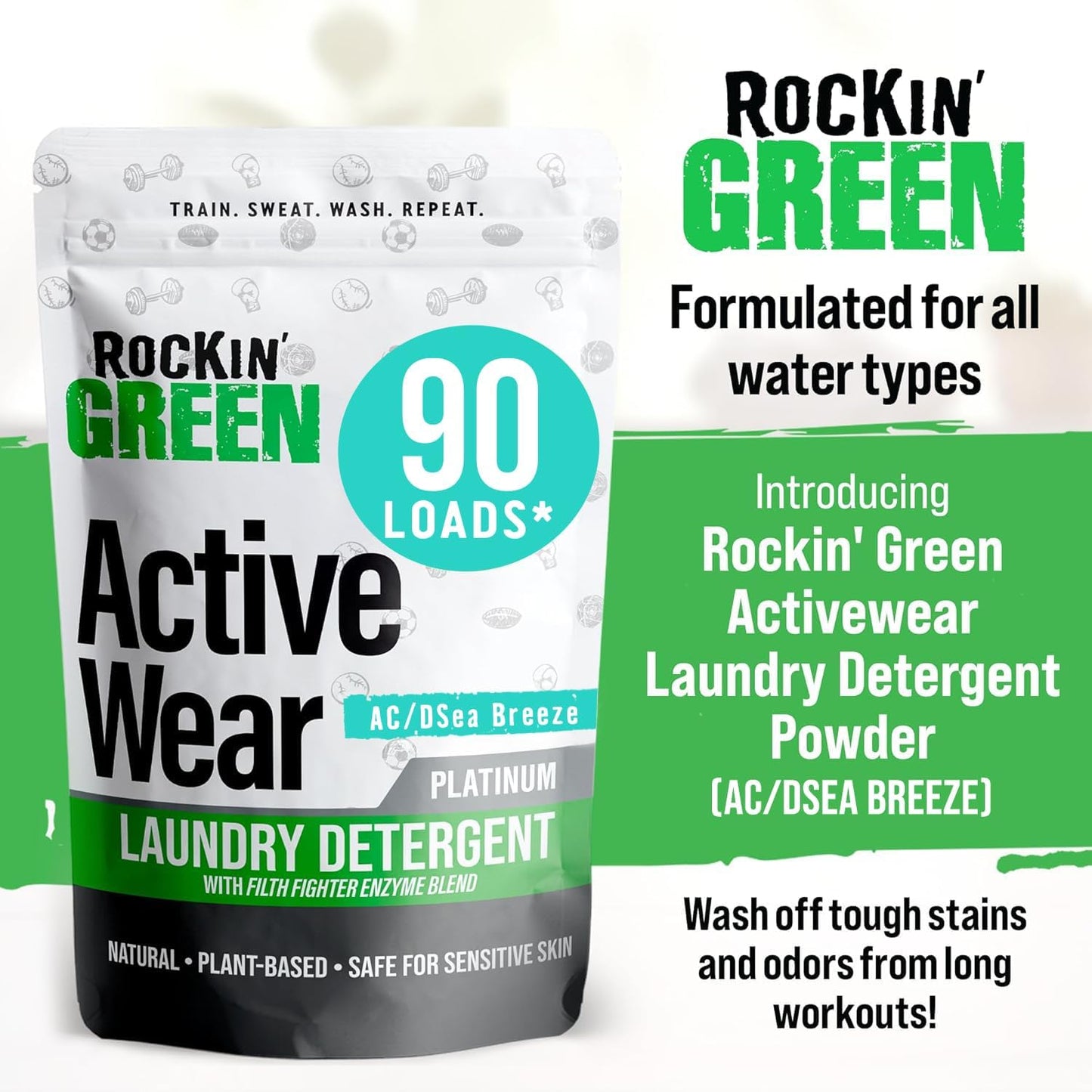Rockin' Green Laundry Detergent, Plant based, All Natural Laundry Detergent Powder, Vegan and Biodegradable Odor Fighter, Safe for Sensitive Skin (Active Wear 90 Loads - AC/DSea Breeze)