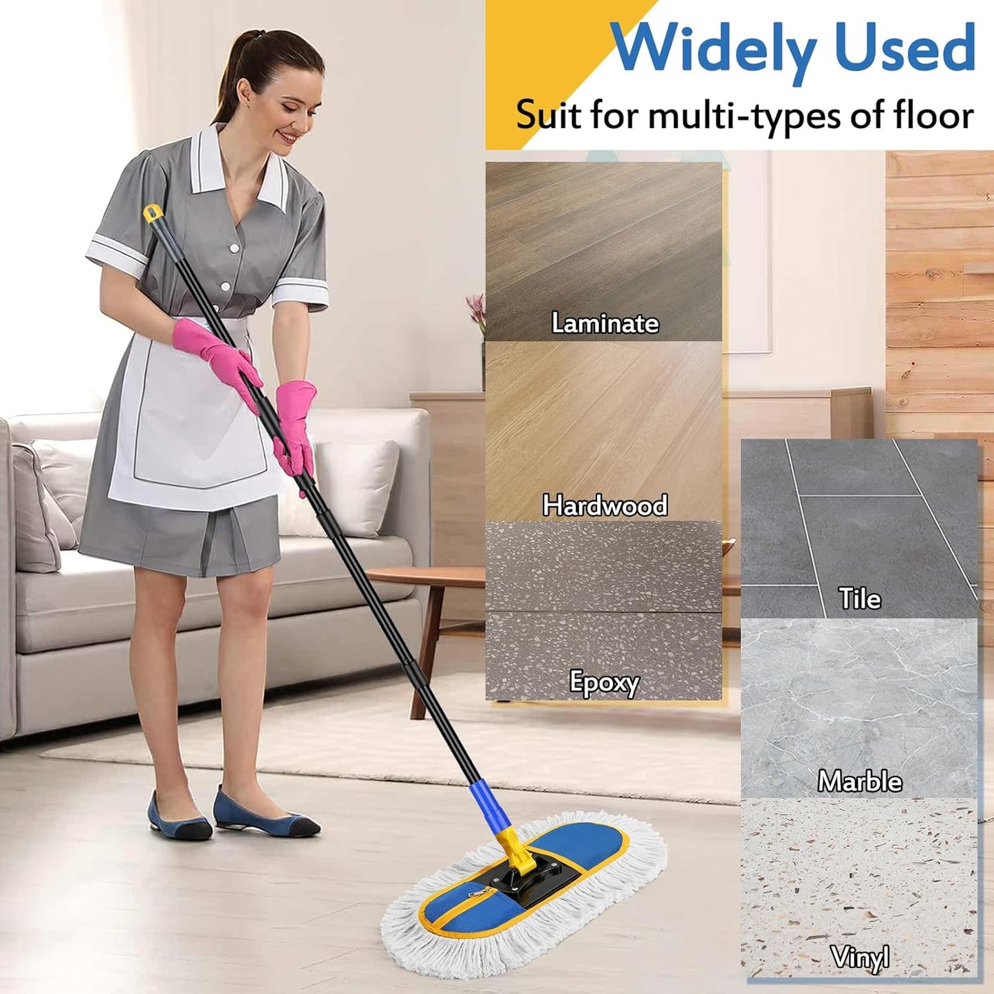 16 Inch Commercial Dust Mop for Floor Cleaning - Industrial Wet Dry Broom with 2 Washable Mops Pads for Hardwood Vinyl Laminate Floors Warehouse Courtyard Cleaning,Blue