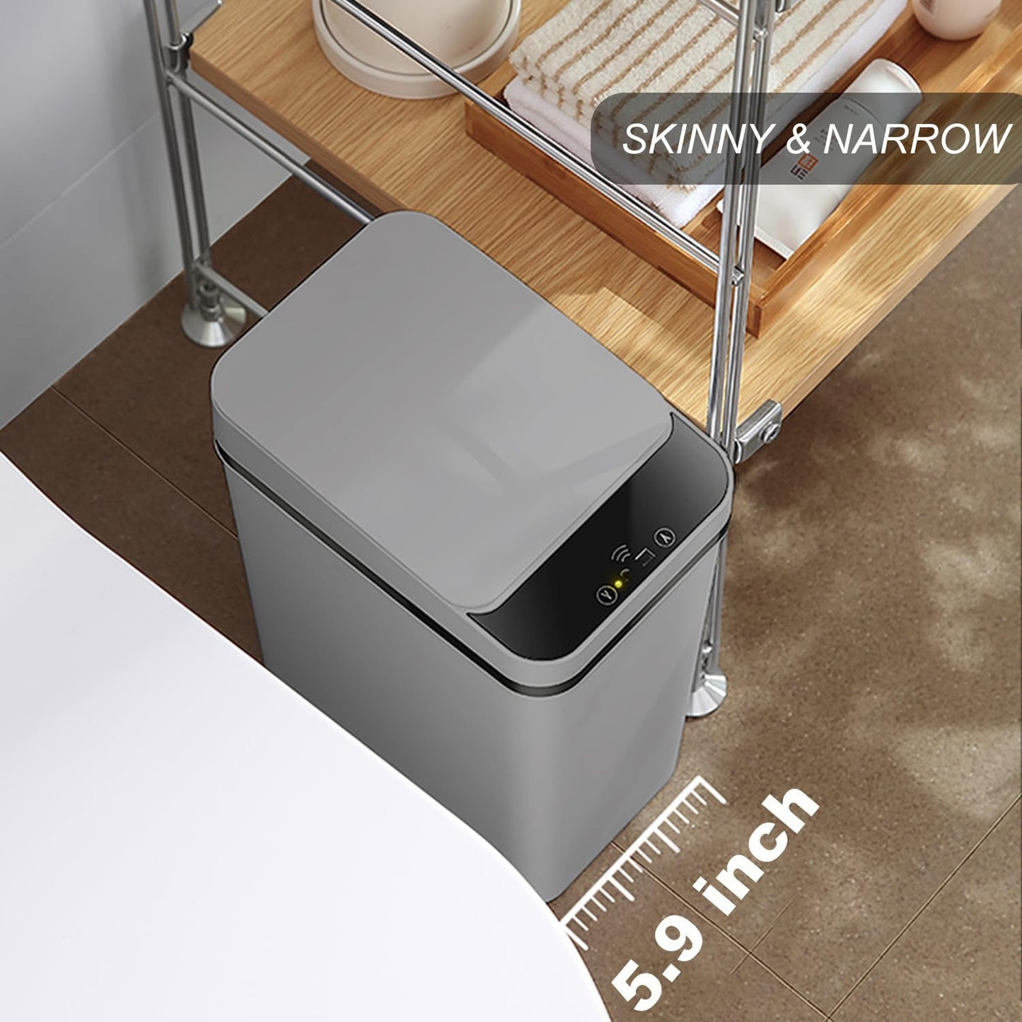 Yatmung 2 Pack - 2.5 Gallon Motion Sensor Bathroom Trash Can - Slim Smart Trash Cans - Skinny Trash Bin with Lid - Electric, Narrow, Plastic, Auto Open - Small Automatic Garbage Can (Grey)