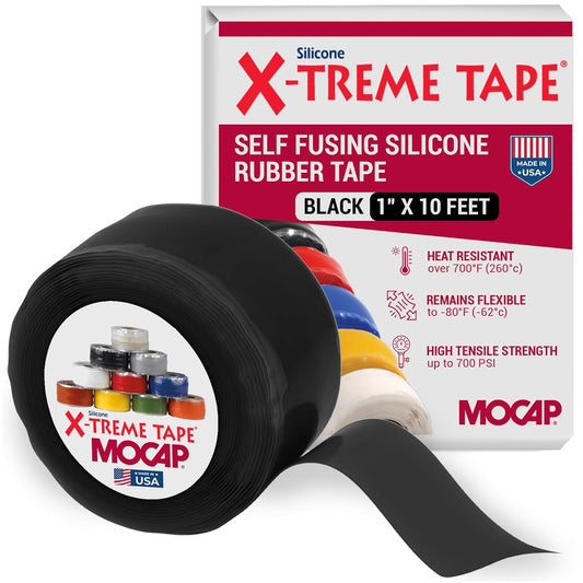 X-Treme Tape MOCAP Heavy Duty Electrical Tape, Self-Fusing Silicone Rubber, Waterproof & Insulating Flexible Tape, Electrical for Hose, Automotive, Outdoor & Repairs - 1" x 10ft Roll - Black