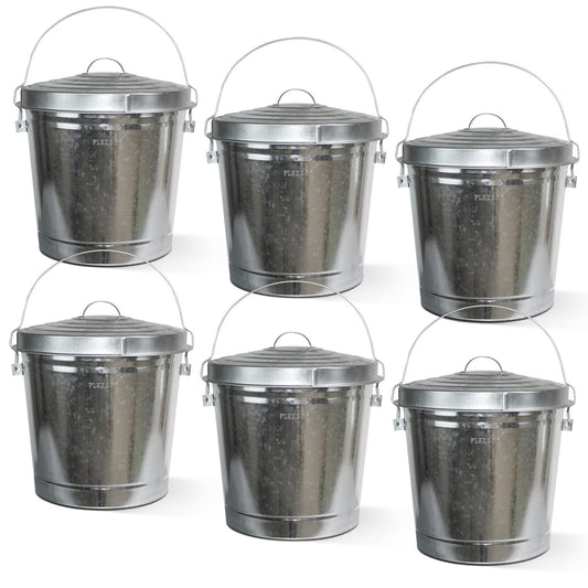 Plexon 10 Gallon Trash Can with Lid Galvanized Metal Bucket with Locking Lid for Poultry Feed Bird Seed Storage Ash Small Garbage Can, 6 Pack