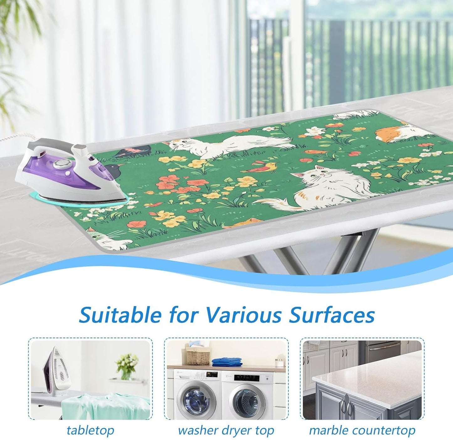 Ironing Mat Portable Ironing Pad Ironing Blanket for Table Top Heat Resistance Double-Side Using Travel Large 47.2 x 27.6 Inch Foldable Lightweight Green Spring Persian Cat and Hummingbird