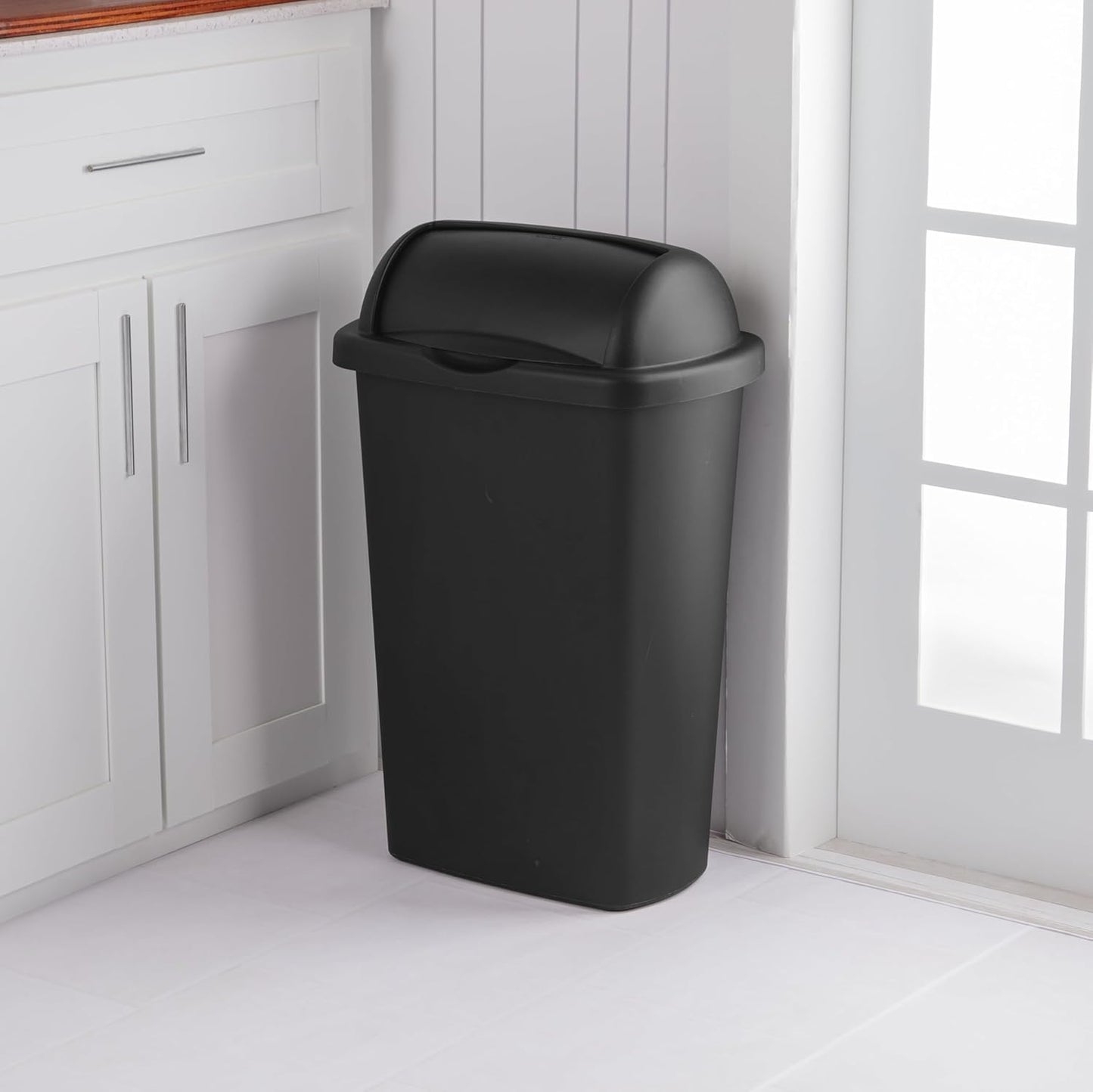 13 Gallon Roll Top Wastebasket – Lift-Open Kitchen Black Trash Can 13 Gallon, Large Office/Home Garbage Basket,Black