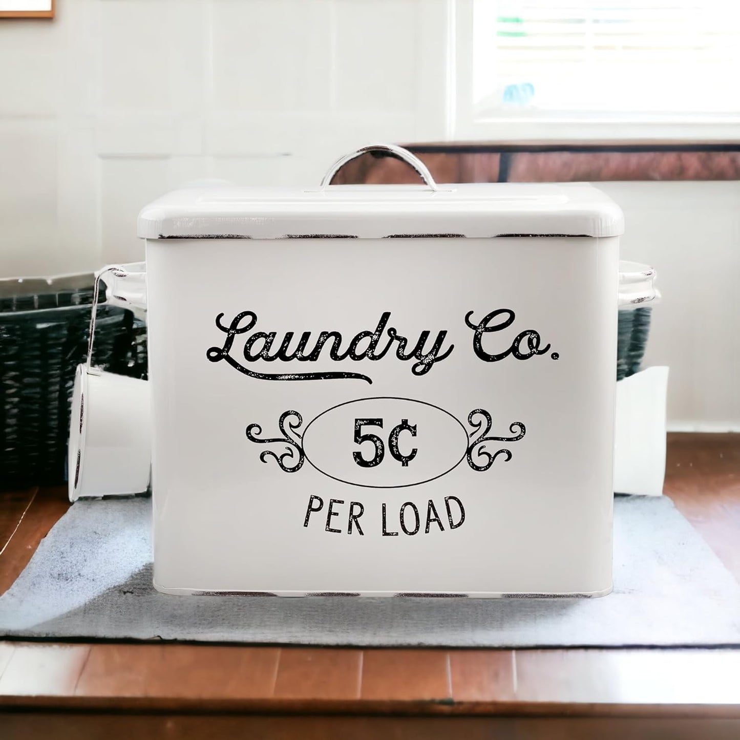 AuldHome Design Farmhouse Laundry Powder Container, White Enamelware Detergent Bin w/ Scoop
