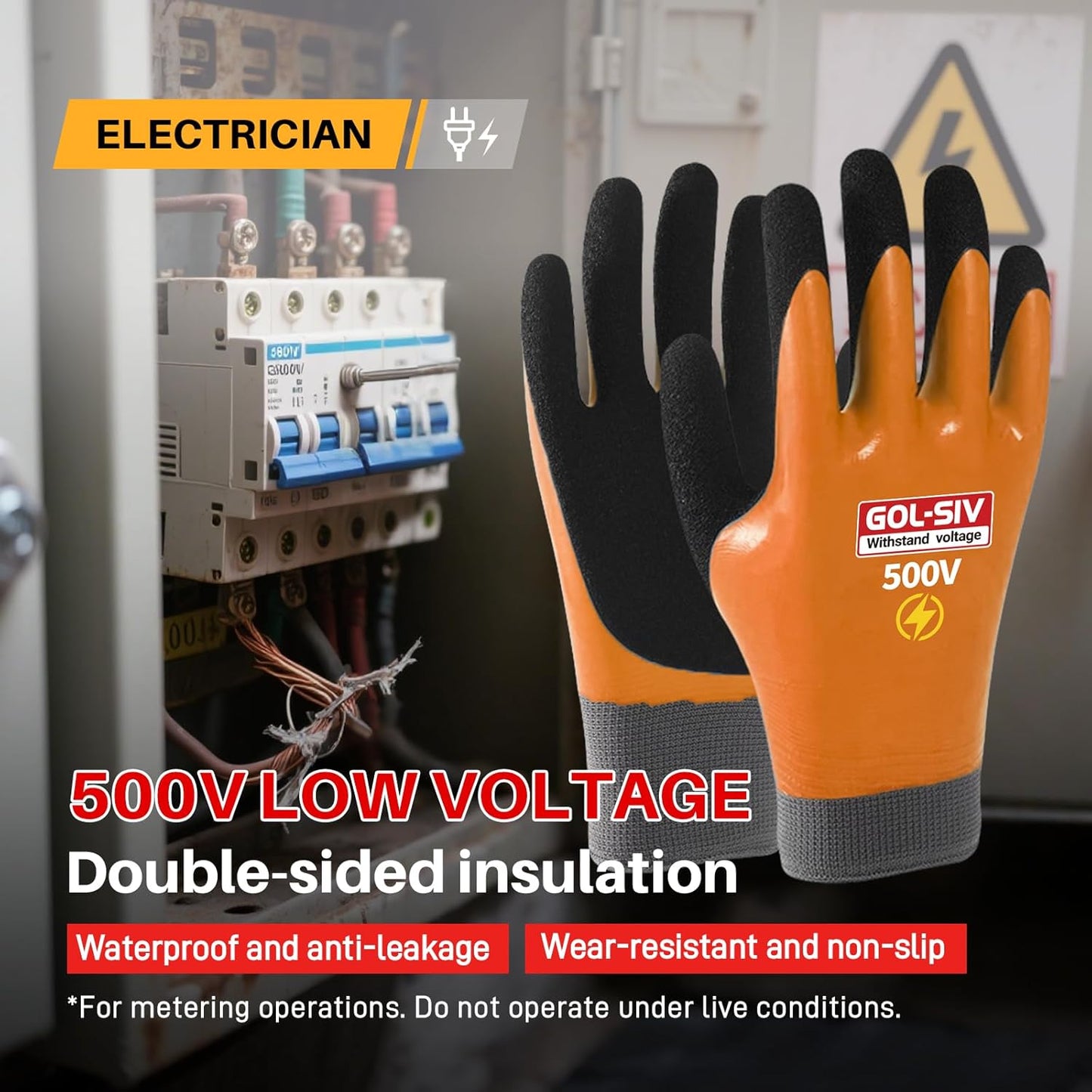 Electrical Insulated Gloves, 500V High Voltage Resistance Electrician Safety Gloves, Rubber Non Slip Work Gloves (500V|double insulated, 3pcs-Large)