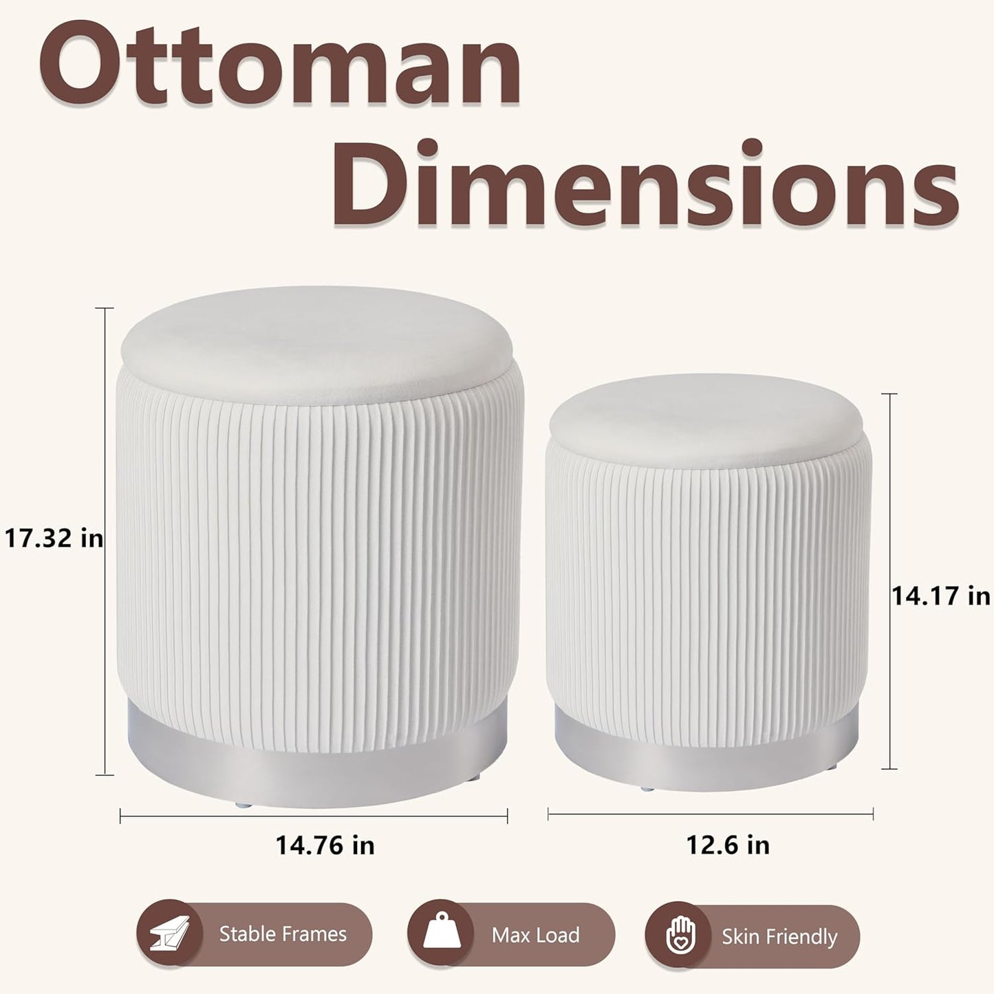 Royal Windsor Round Ottoman with Storage Set of 2, Vanity Stool with Storage for Bedroom, Ottoman Coffee Table Silver-Tone Ring Around The Base, Small Velvet Foot Stool for Living Room, White