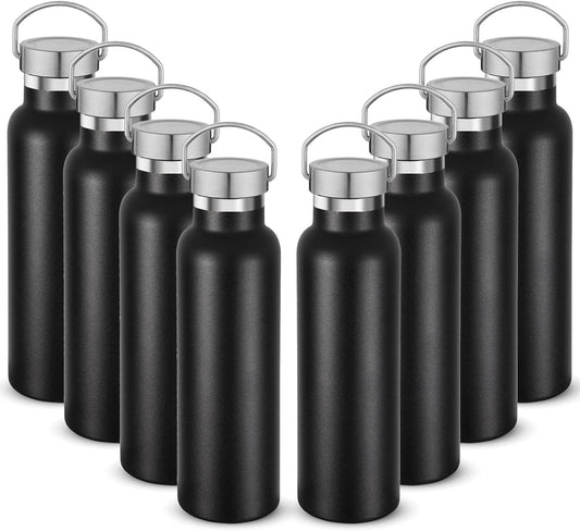Neihepal 20 oz Insulated Water Bottles Bulk 8 Pack,Stainless Steel Double Wall Sport Bottle with Lid of Handle,Metal Reusable Flask with Cup Cap for School,Hikers,Gift (Black,Set of 8)