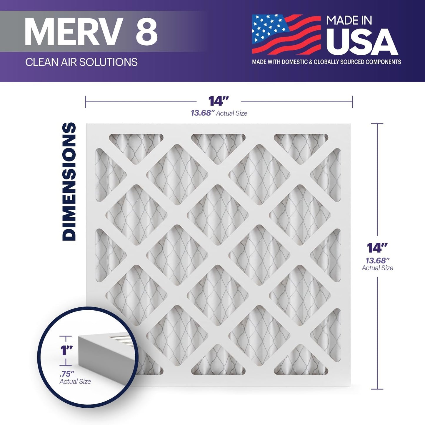BNX TruFilter 14x14x1 Air Filter MERV 8 (6-Pack) - MADE IN USA – Dust & Pet Defense Pleated Air Conditioner HVAC AC Furnace Filters for Dust, Pet, Mold, Pollen MPR 600 – 700 & FPR 5