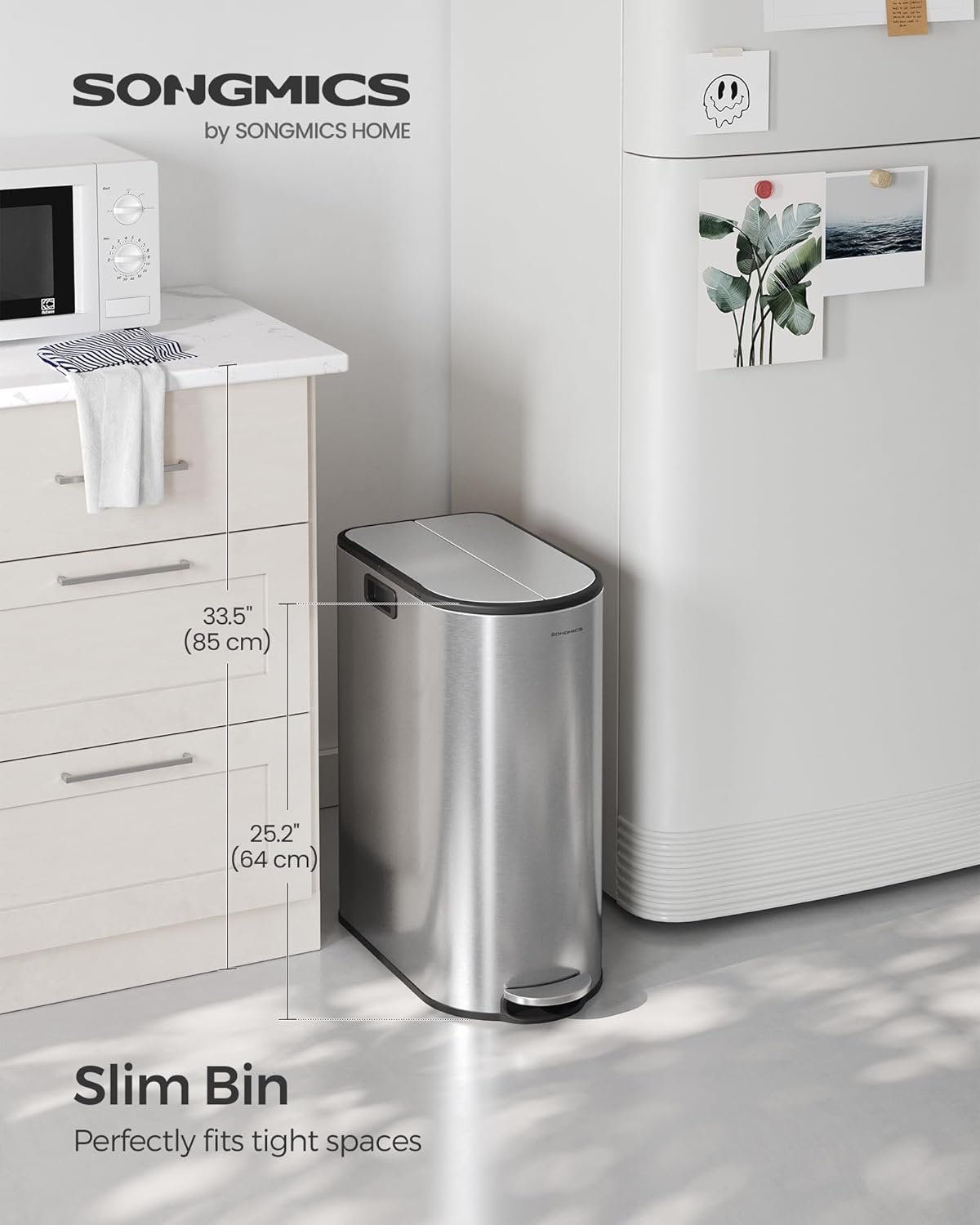 SONGMICS 13-Gallon Dual Kitchen Trash Can, 5.3 and 8 Gallon Compartments, Garbage Can with Wing Lids, Stainless Steel, Soft Close, Inner Buckets, Metallic Silver ULTB570E50