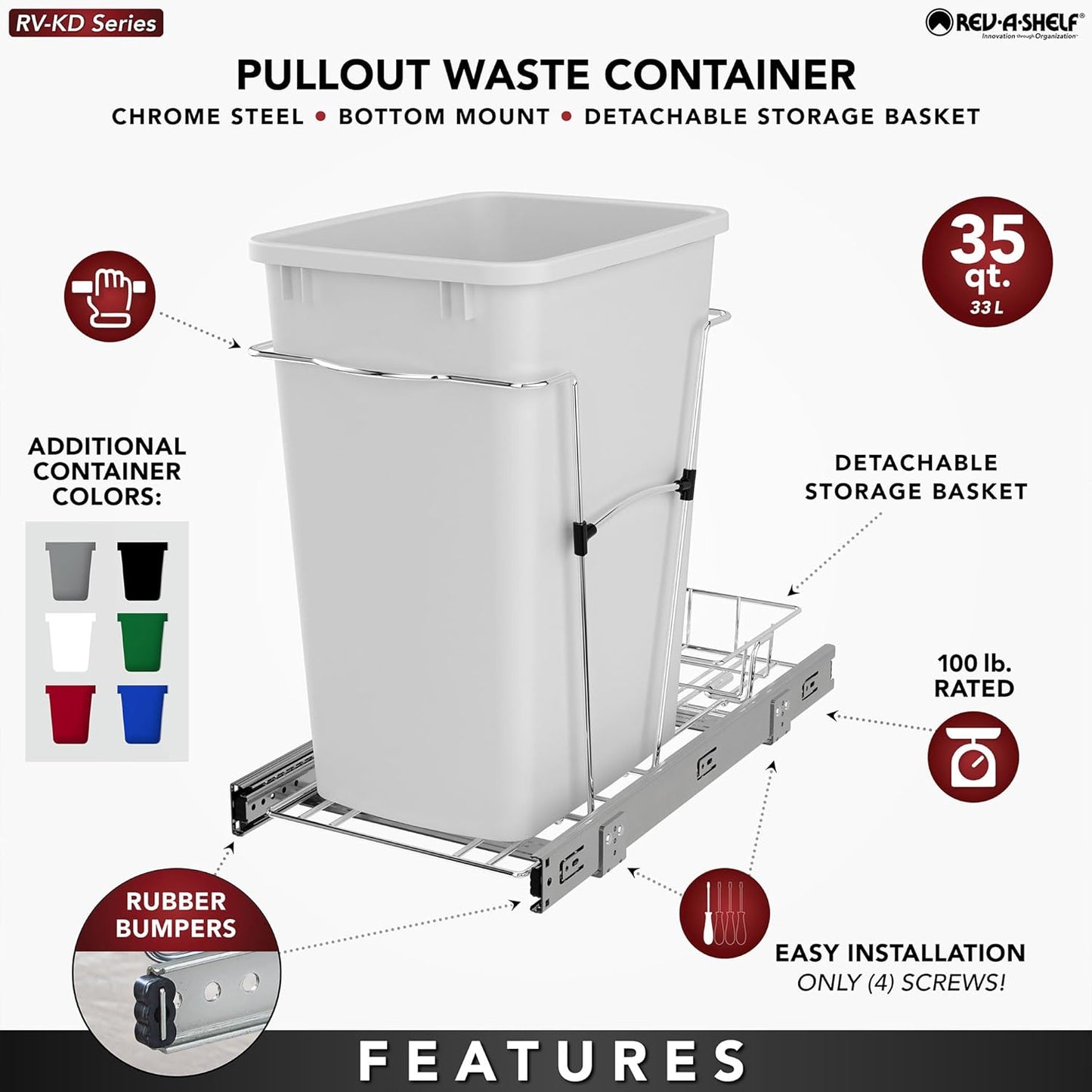 Rev-A-Shelf Pullout Trash Can for Kitchen Cabinets 35 Quart Garbage Waste Recycling Bin with Full Extension Slides, White, RV-12KD-11C