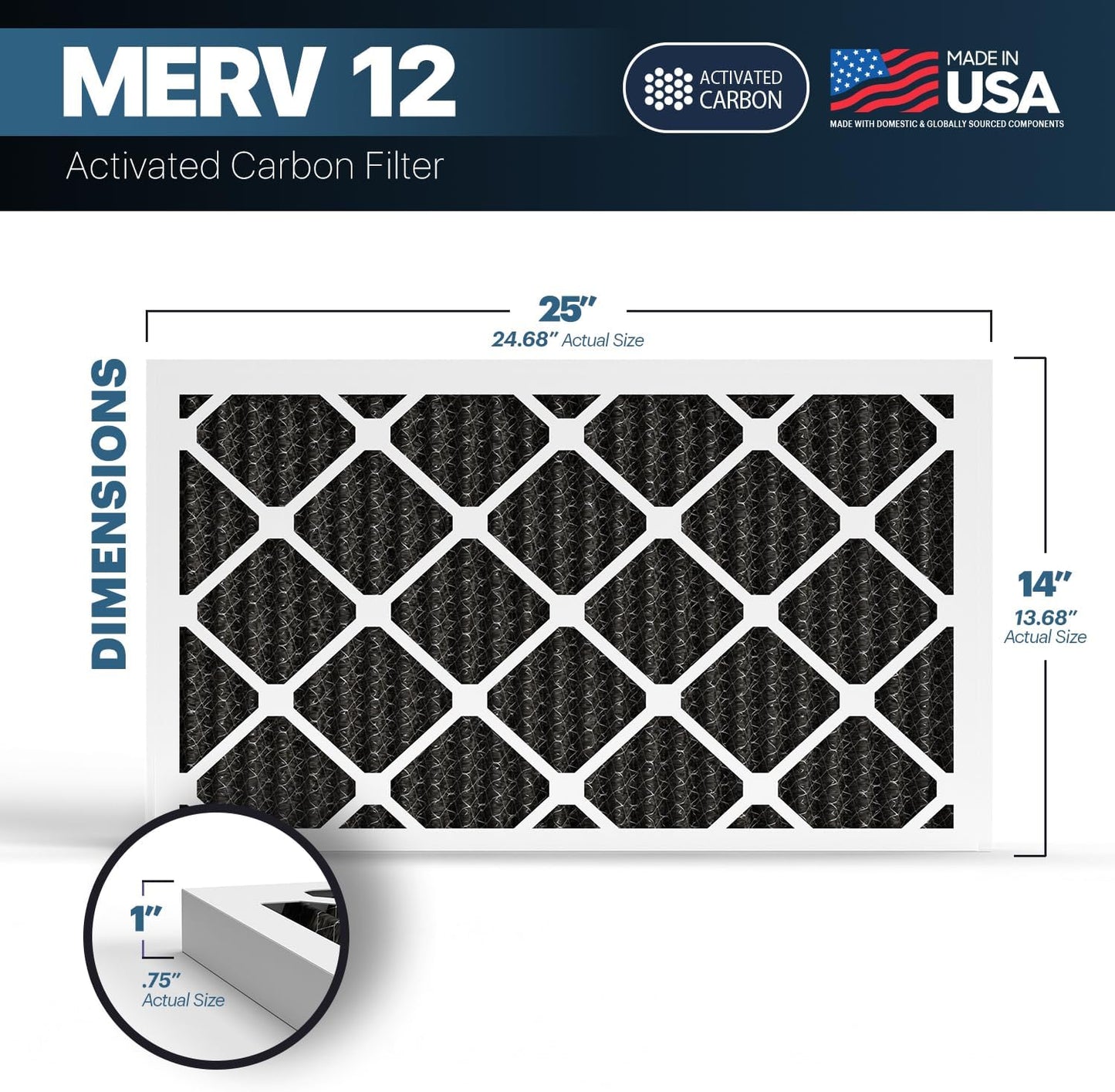 BNX TruFilter 14x25x1 MERV 12 Odor Defense (6-Pack) AC Furnace Air Filter with Activated Carbon - MADE IN USA - Pleated Air Conditioner HVAC AC Furnace Filters - Removes Odor, Mold, Bacteria, Smoke