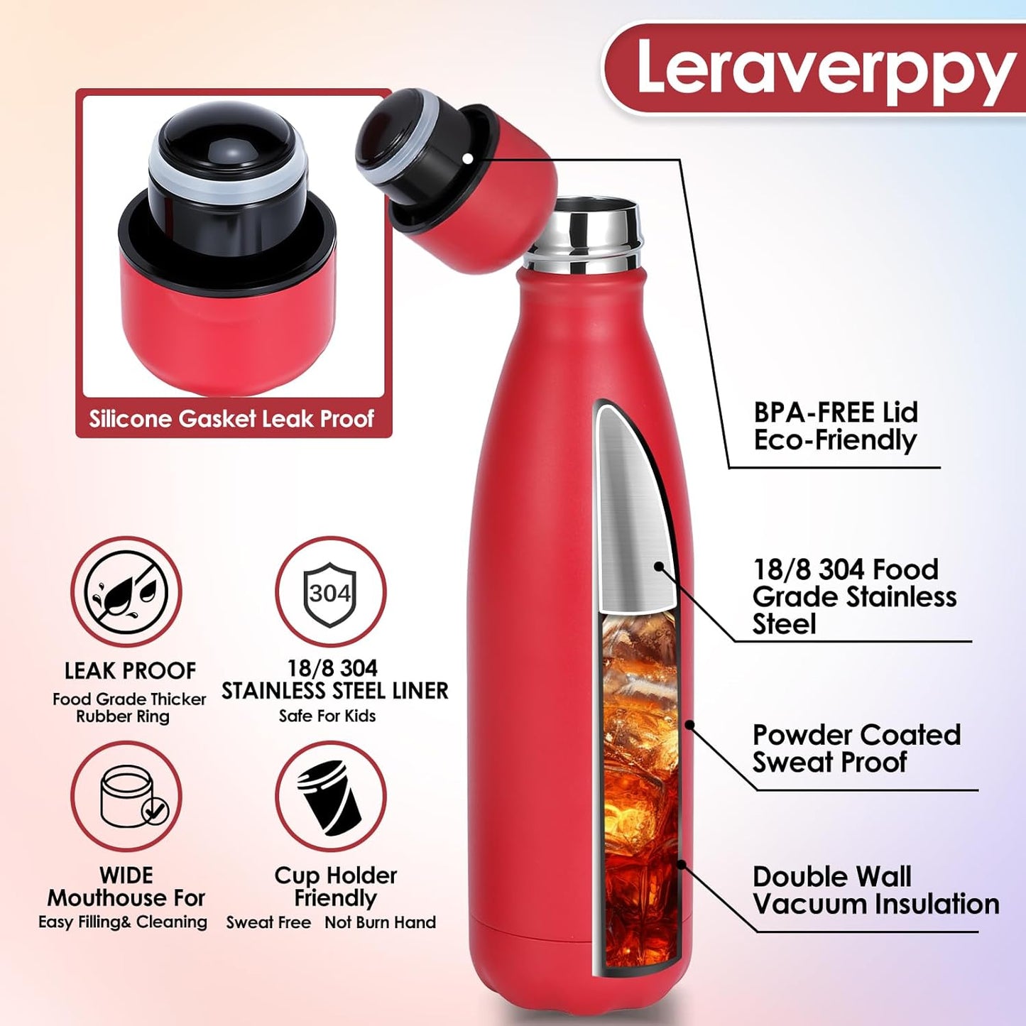 25oz Cola-Bottle Shaped Stainless Steel Leak-proof Water Bottle,Double Wall Vacuum Insulated Metal,Travel Mug For Sports Indoors & Outdoors,BPA-Free School Kids Flasks,Red(2 Pack)