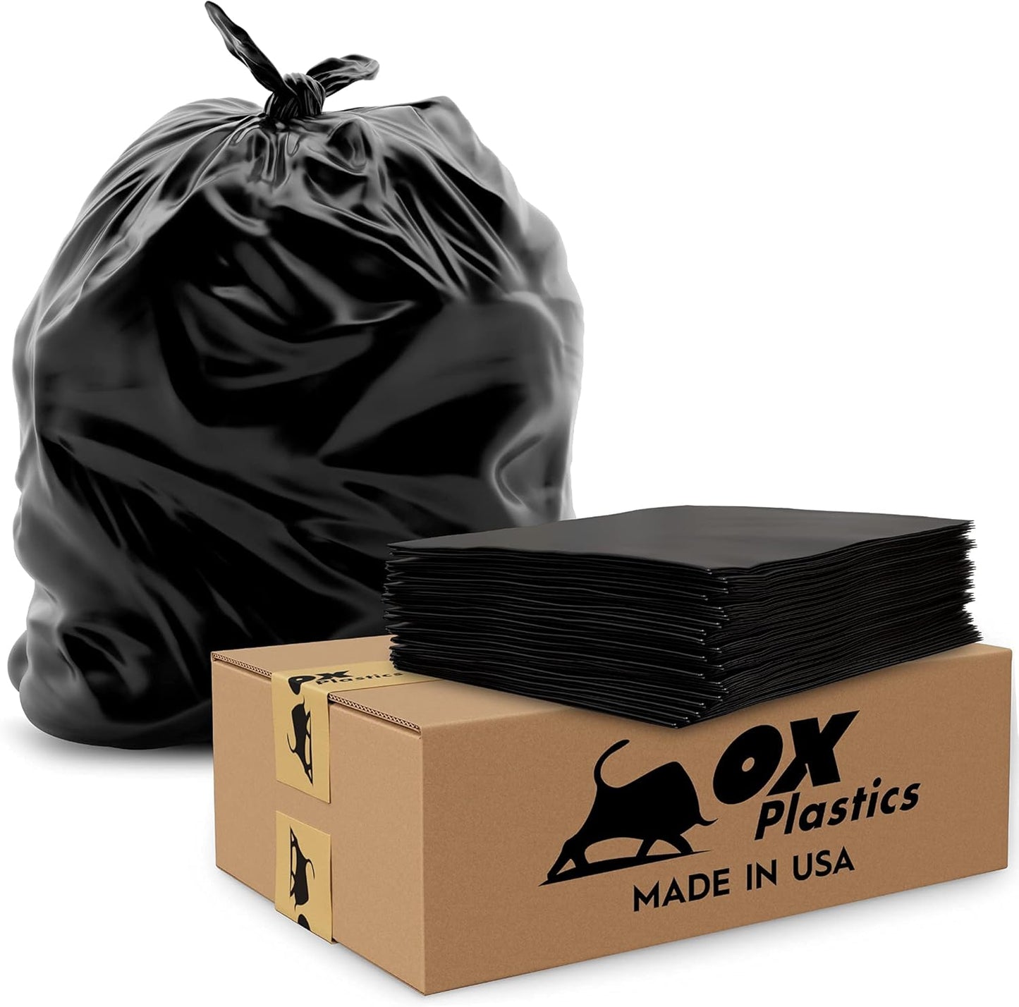 Ox Plastics 60 Gallon Trash Can Liners Garbage Bags - 100 Count & 2mil Thick Extra Heavy Duty Trash Bag Strength -Large Garbage, Leak-Proof & Durable