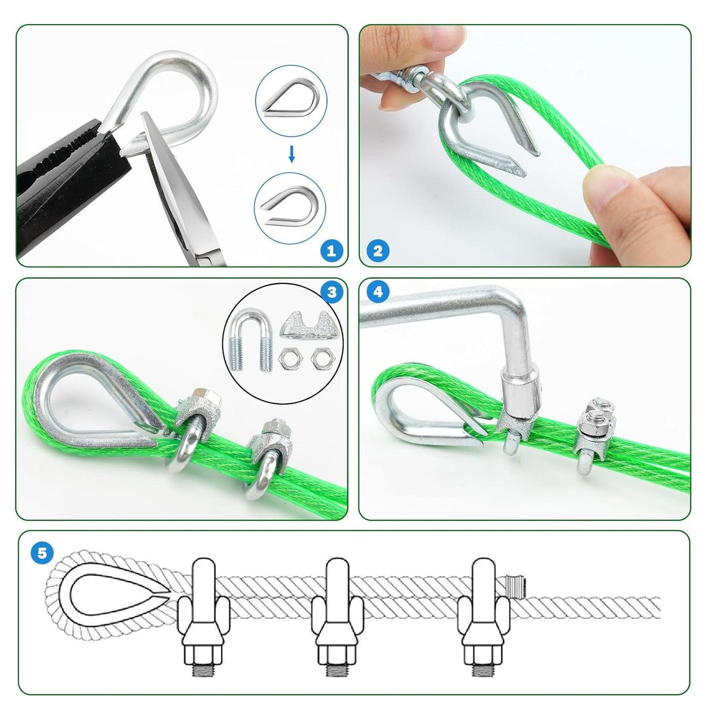 1/8" Wire Rope, 100 Ft PVC Coated Wire Cable Metal Steel Cable Trellis Kit, Multi-use Clothes Line for T Post/Climbing Grapevines Plants Outdoor/String Light Hanging Kit