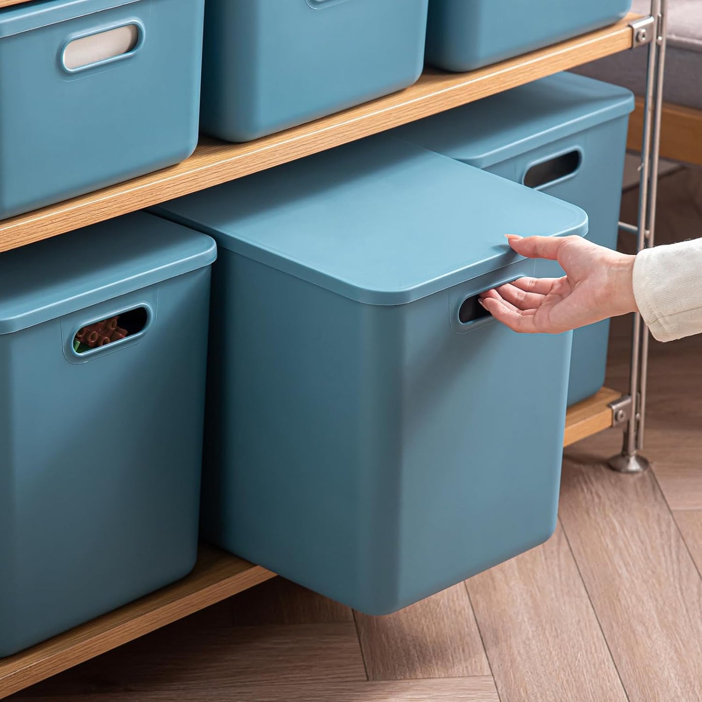 Plastic Storage Bins with lids,Storage Baskets,Container with handle,Storage Organizer Bins for Shelves,Office,Bedrooms,Closets, Cabinets(Blue, 4XL)