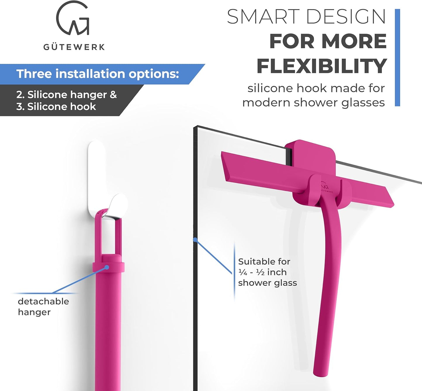 GÜTEWERK Shower Squeegee for Glass Doors, Silicone Window Squeegee, Bathroom and Glass Cleaning - Pink - 11 Inch