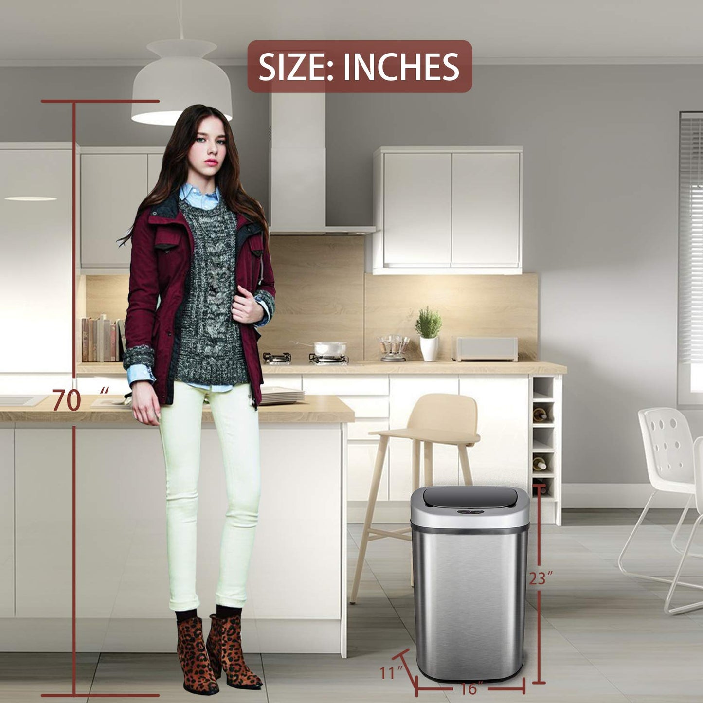 HCB Trash Can Automatic Waste Bin Mute Metal Garbage Can with Lid Stainless Steel 13 Gallon 50 Liter for Kitchen | Office | Bedroom | Bathroom | Living Room, 11” x 16” x 23”