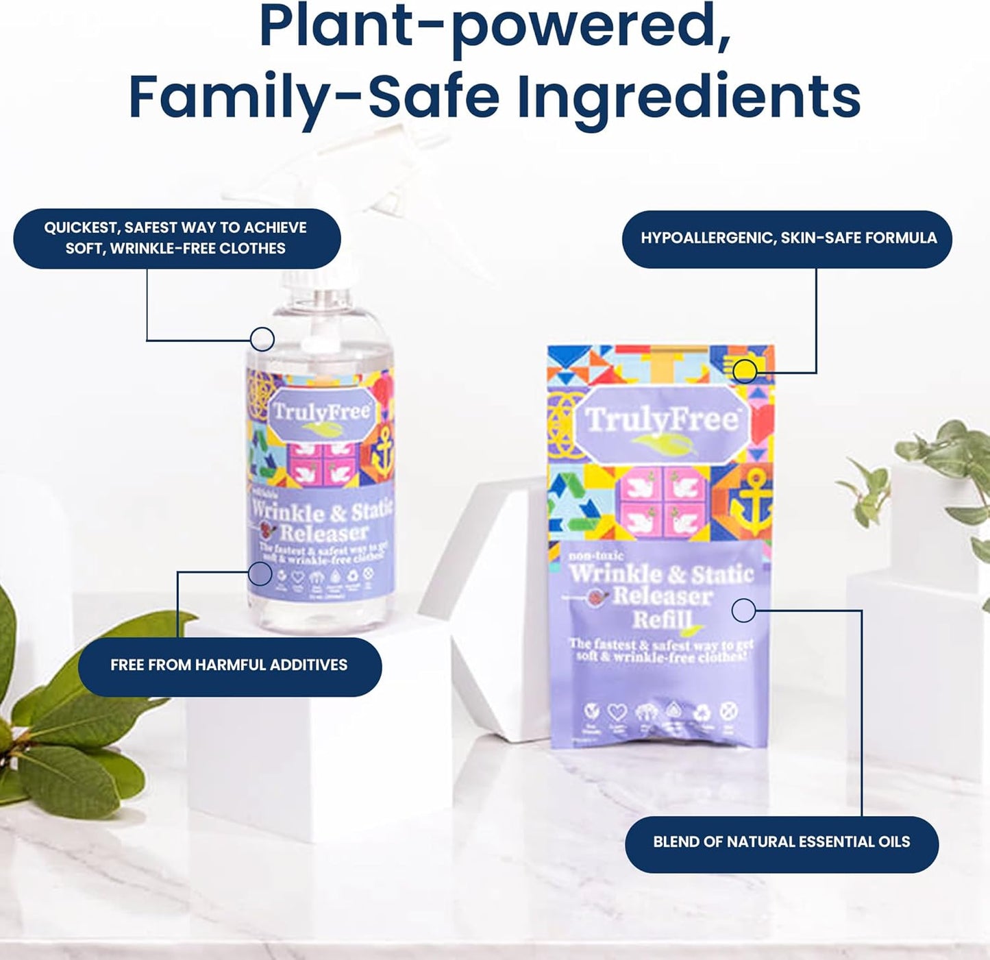 Truly Free Wrinkle & Static Releaser - Wrinkle Release for Clothes, Linen, & Sheet Fabrics - Static Guard Spray - Plant-Based - 1 Pouch 3oz Refill with 12oz Reusable Empty Spray Bottle