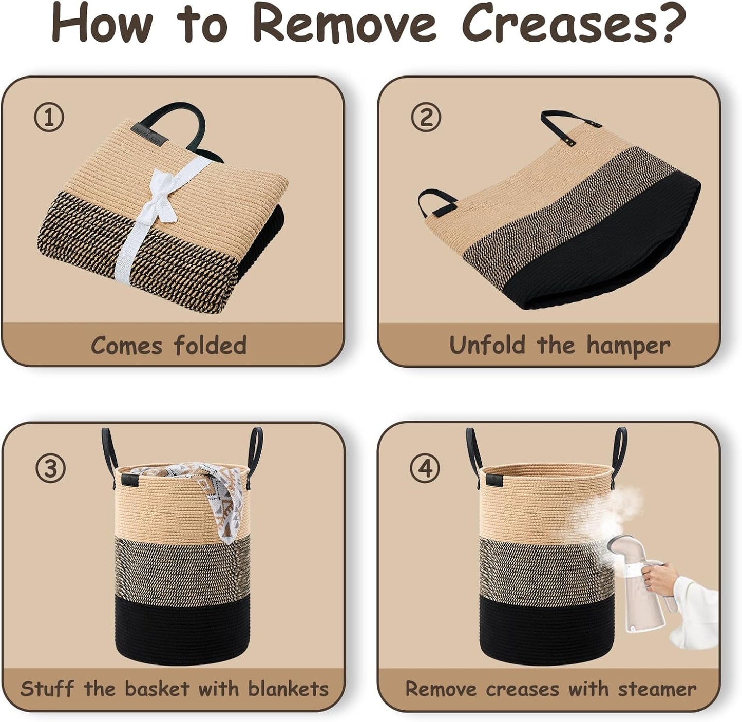 VIPOSCO Tall Laundry Basket, Large Dirty Clothes Hamper with Leather Handle, Woven Rope Storage Basket for Blanket, Toy In Living Room, Bathroom, Bedroom - 53L Brown & Black