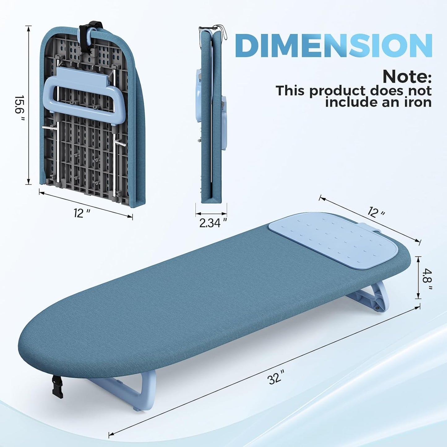 KINGBOARD Tabletop Ironing Board, Small Ironing Board with Iron Mat, Foldable Mini Iron Board, Easy Storage for Travel & Dorm, 12x32 Blue