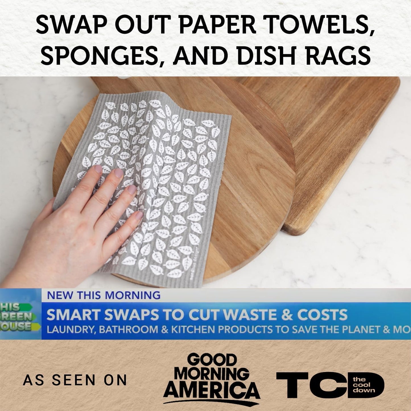 Nordhus Design Large Swedish Dishcloths, 5 Grey Cloths, Made in Sweden - 9.5 x 8 inch Reusable, Washable Cellulose Cotton Kitchen Cloths - Replace Paper Towels, Wipes, Sponges, Dish Rags