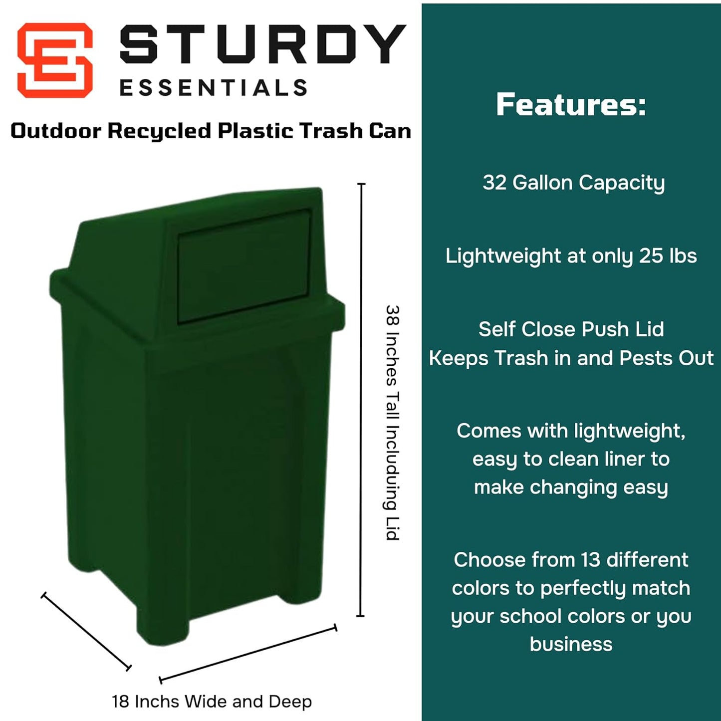 32 Gallon Square 100% Recycled Plastic Heavy Duty Outdoor Trash Can with Push Lid - Great for Schools and Businesses - Green Granite