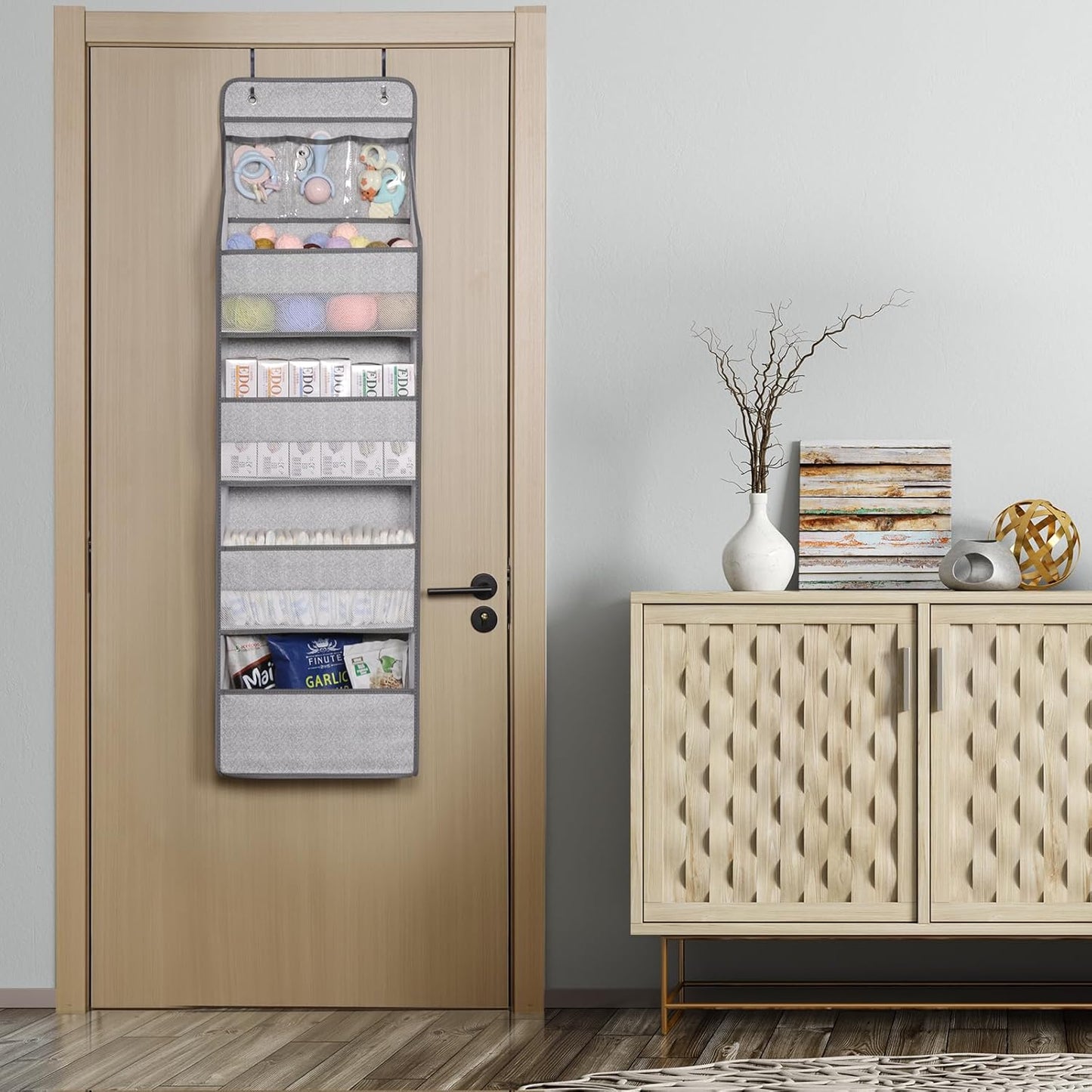 Univivi 5-Shelf Door Storage Over Door Hanging Organizer with 4 Large Pockets and 3 Small PVC Pockets Nursery Closet Cabinet Wall Mount Hanging Storage Organizers for Baby Nursery (Grey Pattern)