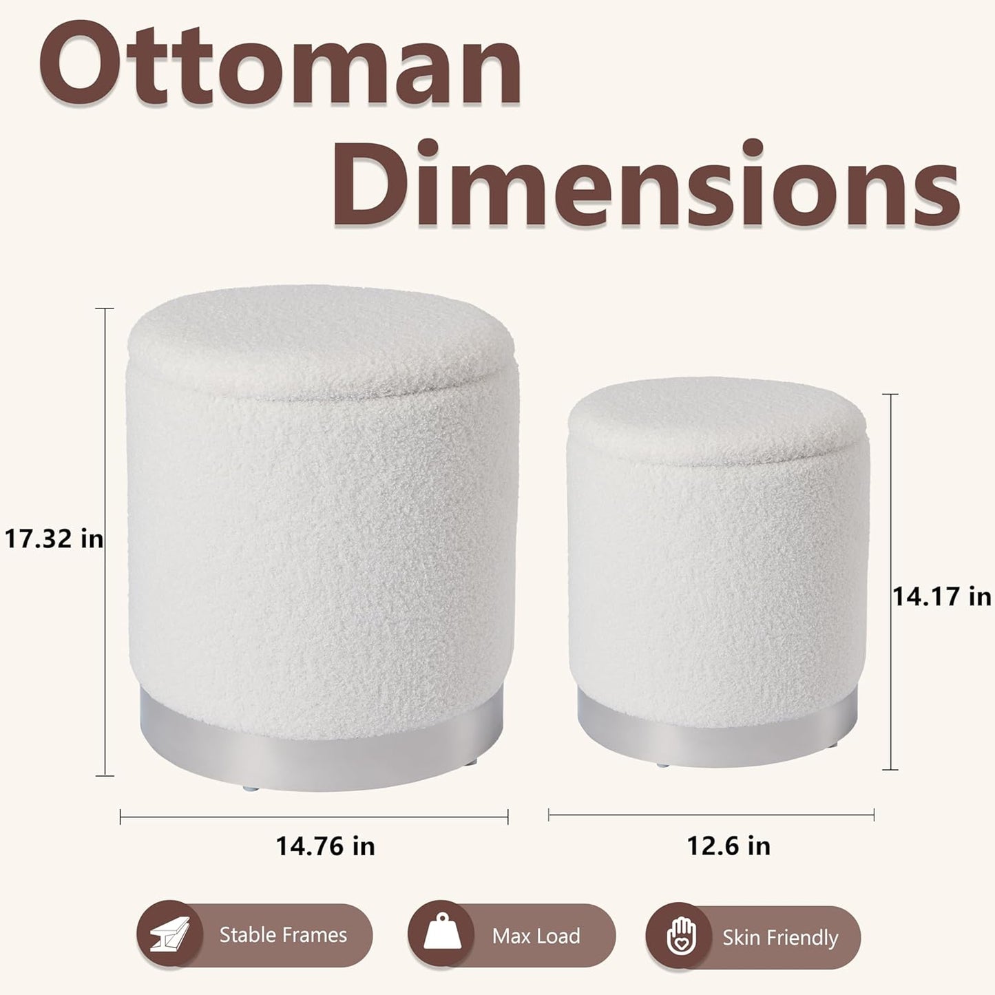 Royal Windsor Boucle Round Ottoman with Storage Set of 2, Vanity Stool with Storage for Bedroom, Ottoman Coffee Table Silver-Tone Ring Around The Base, Small Foot Stool for Living Room, White