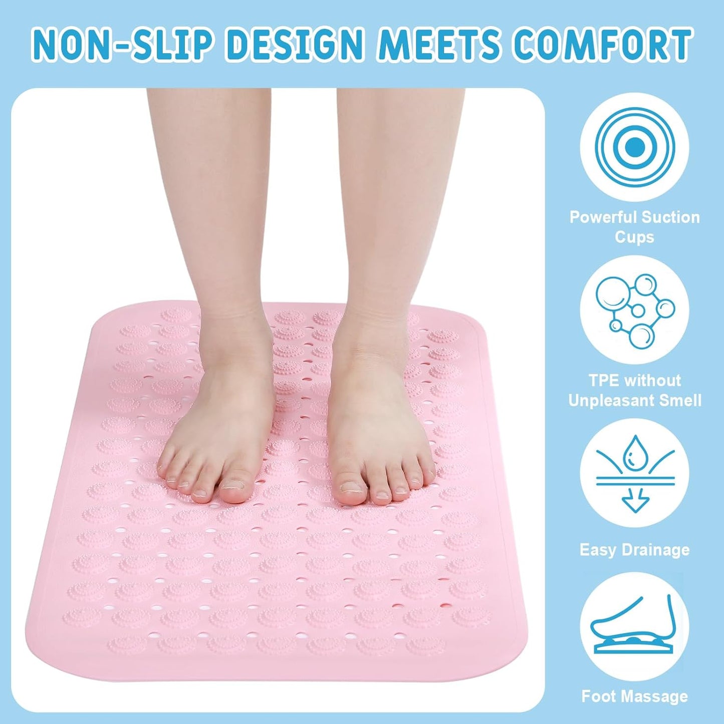 Dunzy 6 Pcs Non Slip Bath Mats 27.6x14.2 Inches TPE Bathtub Mats with Suction Cups Drain Holes Textured Surface Anti Slip Shower Pad for Bathroom Tub Adults Elderly Home Hotel