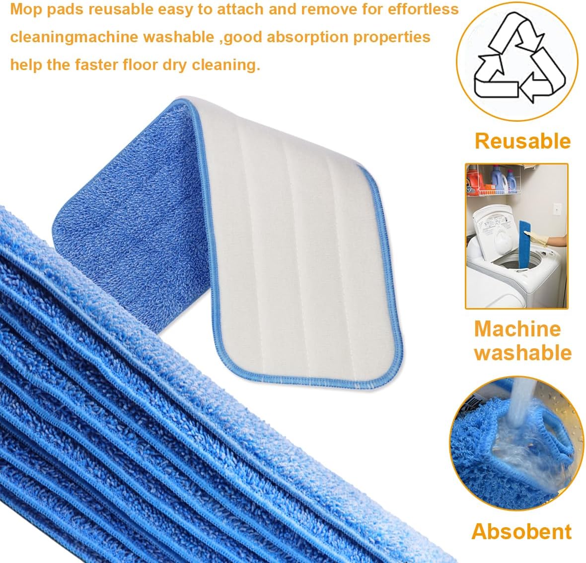 10 Pack Spray Mop Replacement Pads for Wet/Dry Mops, Reusable Flat Mop Heads Microfiber Mop Pads Compatible with Bona Floor Care System, Blue
