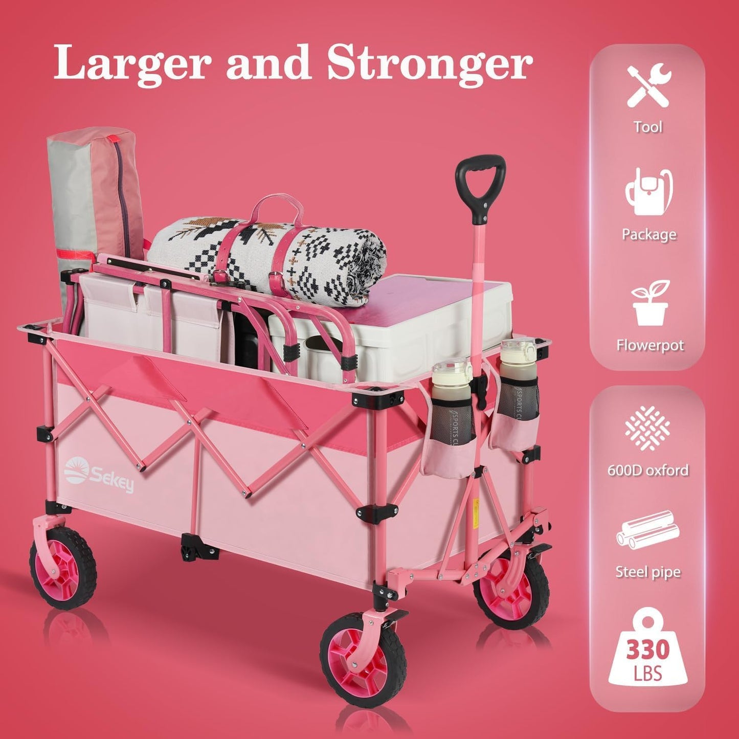 Sekey 220L Collapsible Foldable Wagon with 330lbs Weight Capacity, Heavy Duty Folding Wagon Cart with Big All-Terrain Wheels & Drink Holders (Pink)