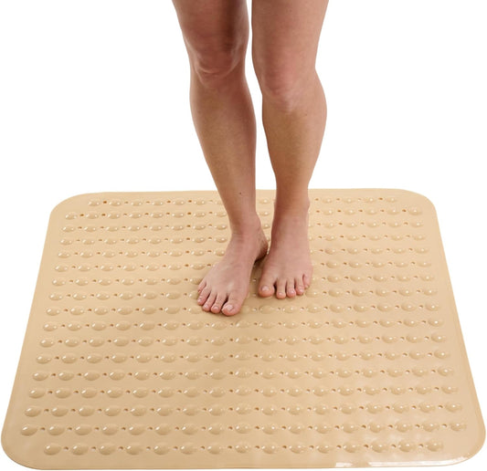 ENKOSI Extra Large Square Non Slip Shower Mat - 31 x 31-inch XL Bathroom Shower Mat - Square Shower Mats for Shower Stall Floors | Secure Suction Cups and Drain Holes (31x31 Beige Opaque)