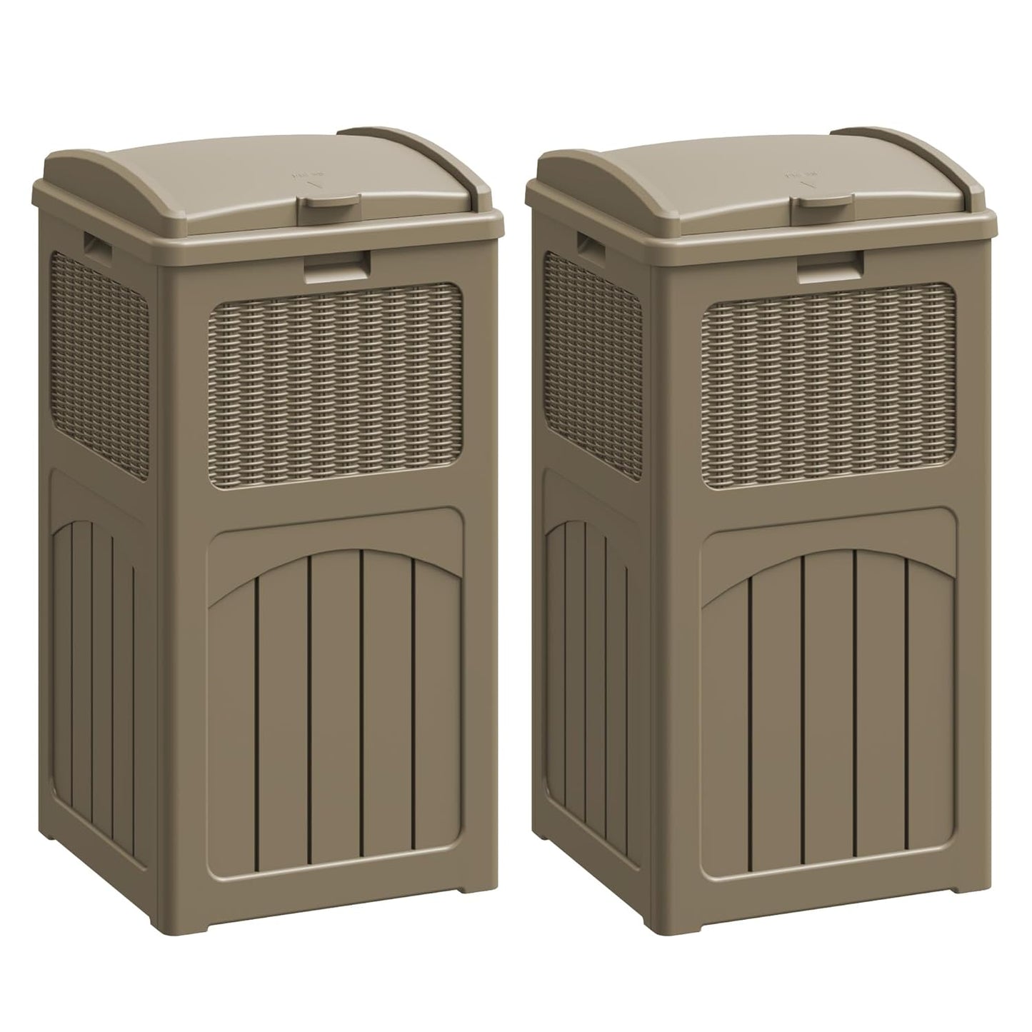 Flamaker 30 Gallon Trash Can, Resin Outdoor Garbage Can with Lid, Waterproof Hideaway Patio Waste Bins for Outside Use (2 Pack, Brown)