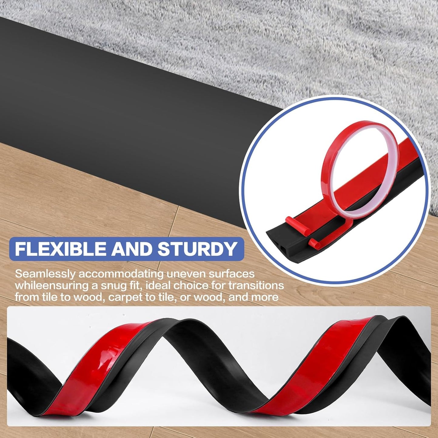 Floor Transition Strip Vinyl Door Threshold Ramp Self Adhesive Carpet Edging Strip Doorway Edge Trim, Overlap Edge Reducer for Laminate Carpet, Floor, Tile (Black, 2/5" to 3/5", 6.6Ft)